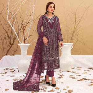 Wine Floral Embroidered Georgette Semi Stitched Pakistani Suit