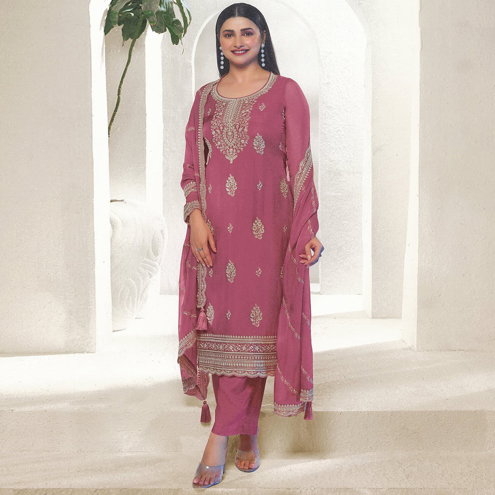 Pink Floral Embroidered Organza Semi Stitched Salwar Suit