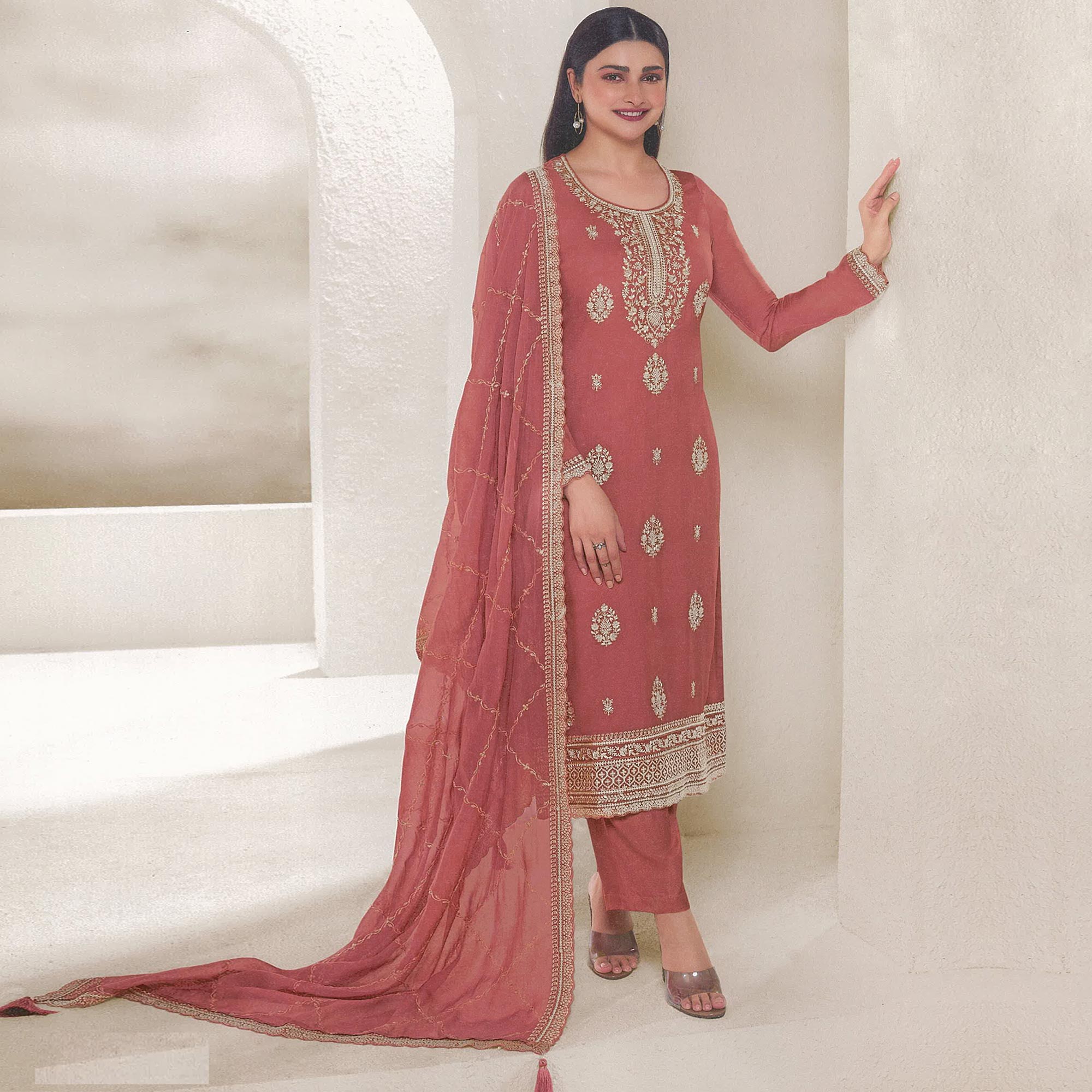 Peach Floral Embroidered Organza Semi Stitched Salwar Suit