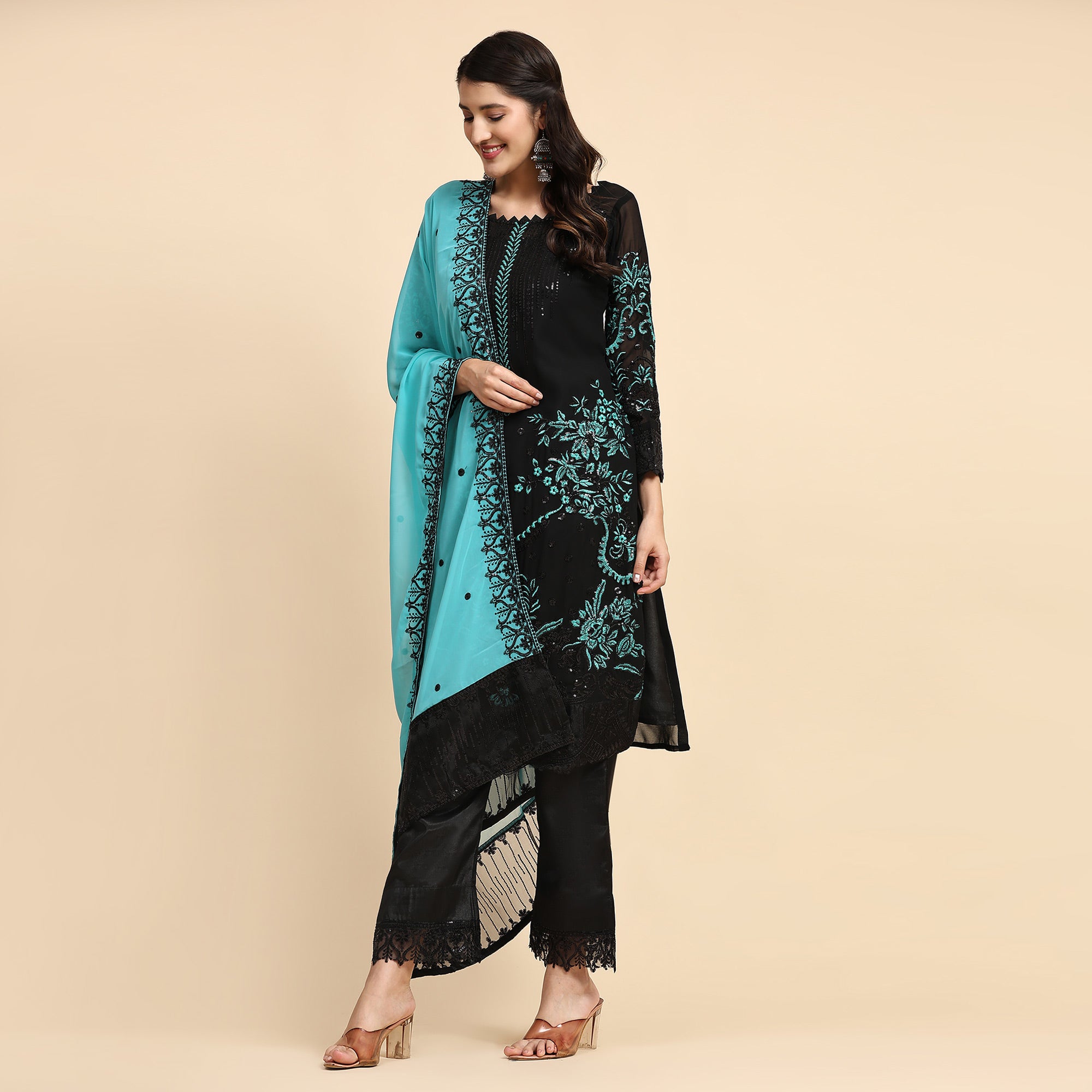 Black & Blue Floral Embroidered Georgette Semi Stitched Pakistani Suit
