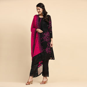 Black & Pink Floral Embroidered Georgette Semi Stitched Pakistani Suit