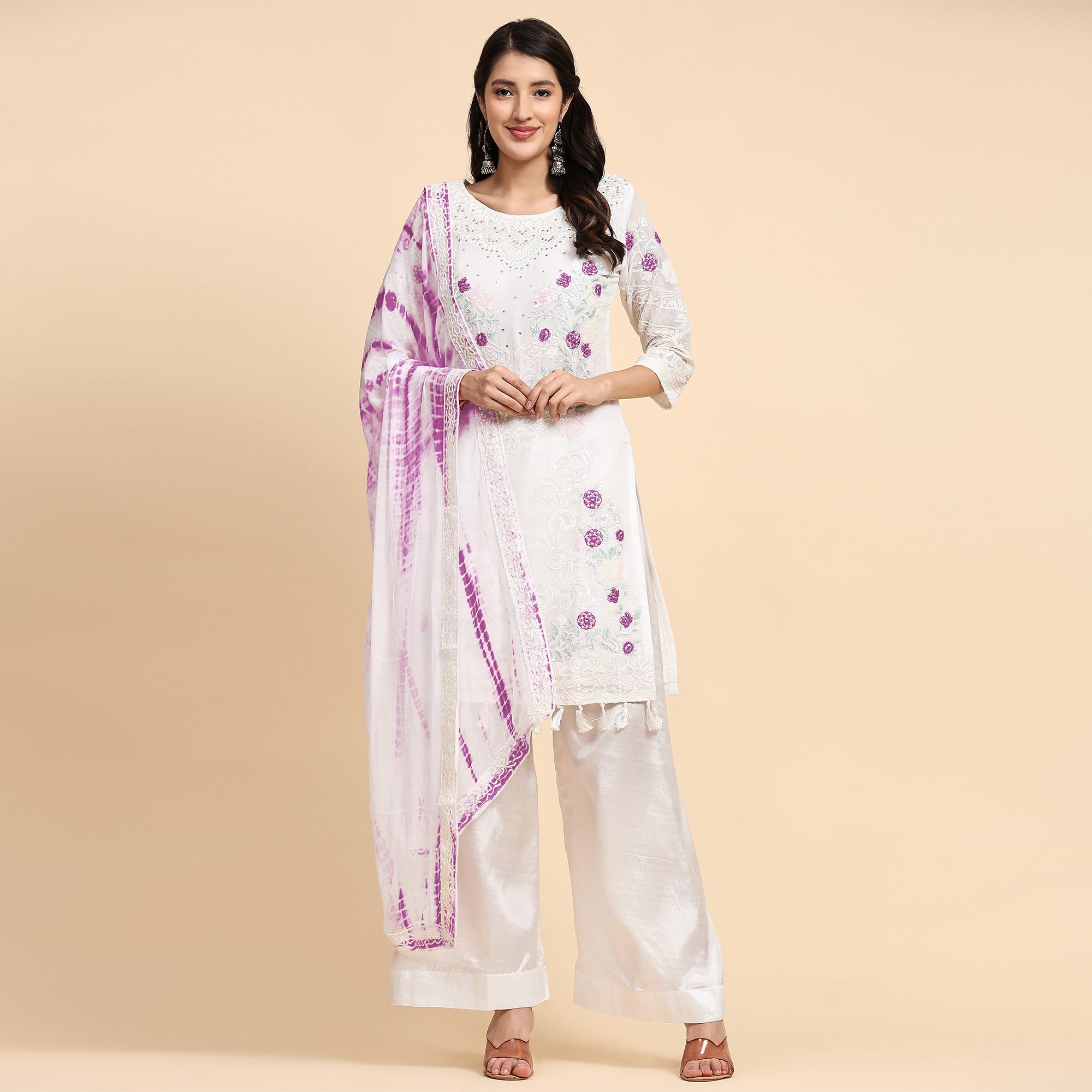 White & Purple Floral Sequins Embroidered Georgette Semi Stitched Pakistani Suit
