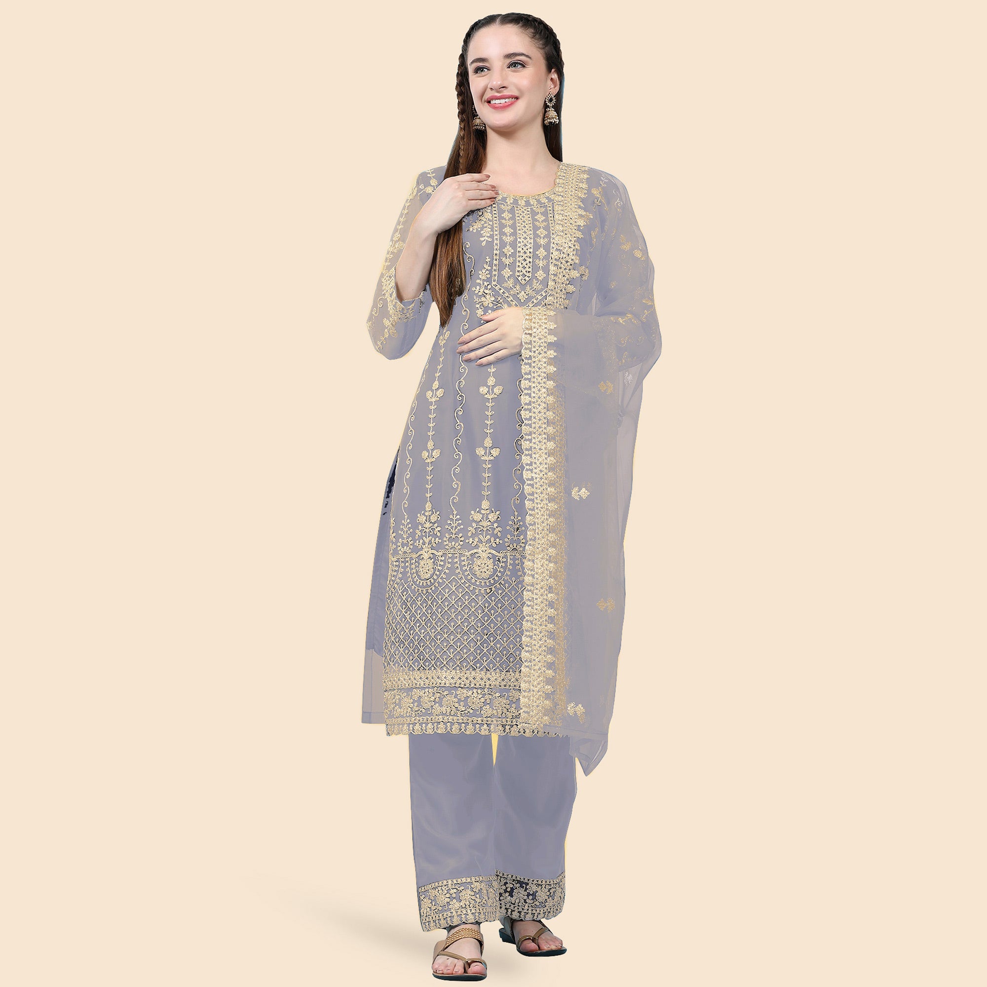 Grey Sequins Embroidered Net Semi Stitched Pakistani Suit
