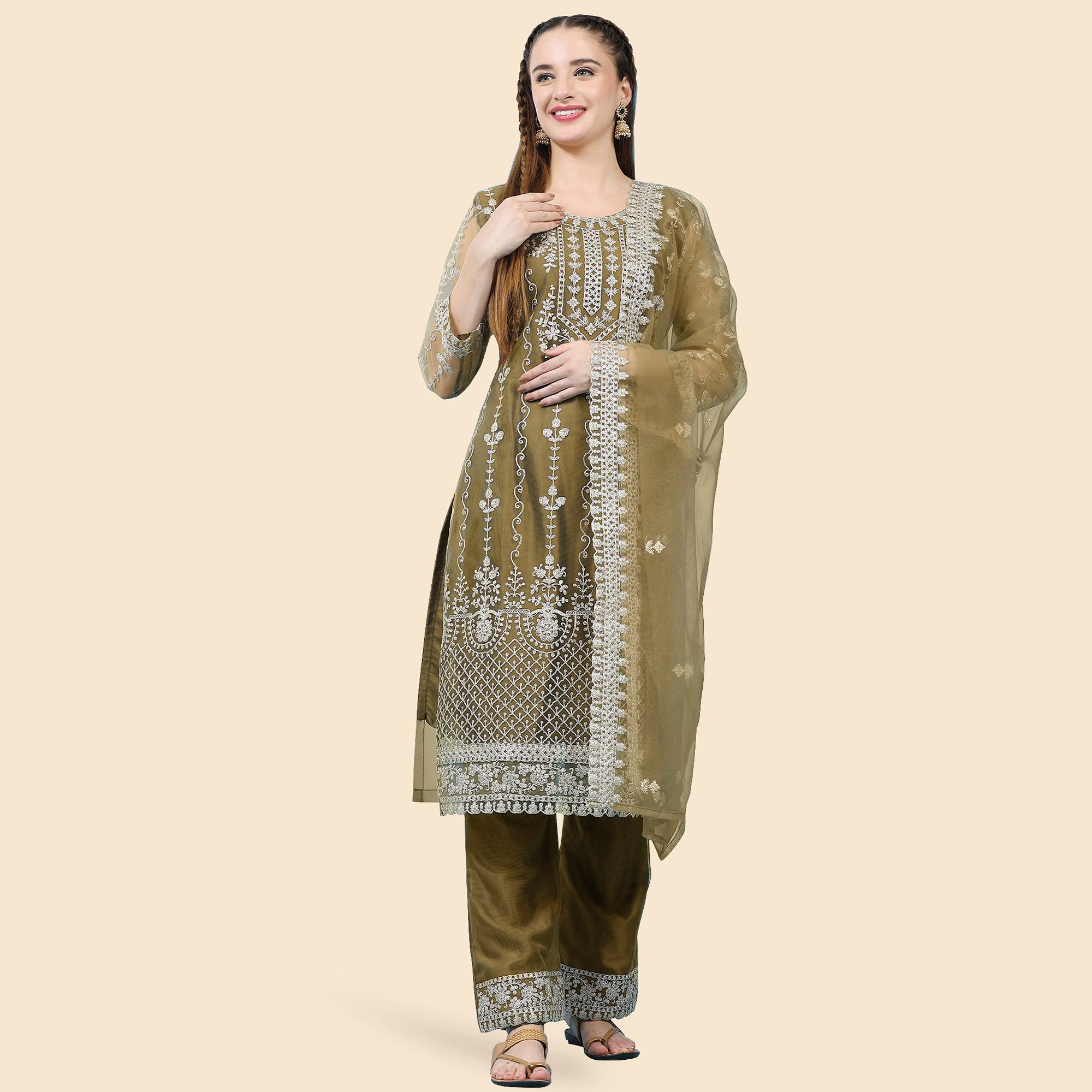 Mehndi Green Sequins Embroidered Net Semi Stitched Pakistani Suit