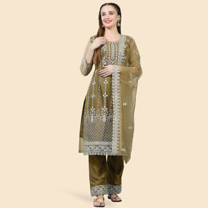 Mehndi Green Sequins Embroidered Net Semi Stitched Pakistani Suit