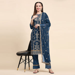 Blue Sequins Embroidered Georgette Semi Stitched Pakistani Suit