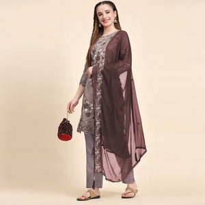 Brown Floral Embroidered Georgette Semi Stitched Pakistani Suit