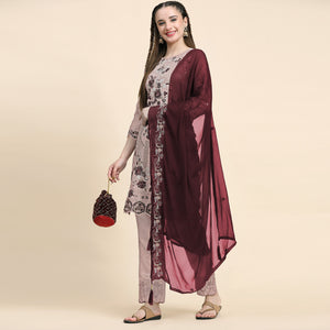 Beige Floral Embroidered Georgette Semi Stitched Pakistani Suit