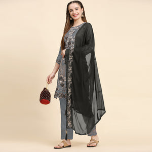 Grey Floral Embroidered Georgette Semi Stitched Pakistani Suit