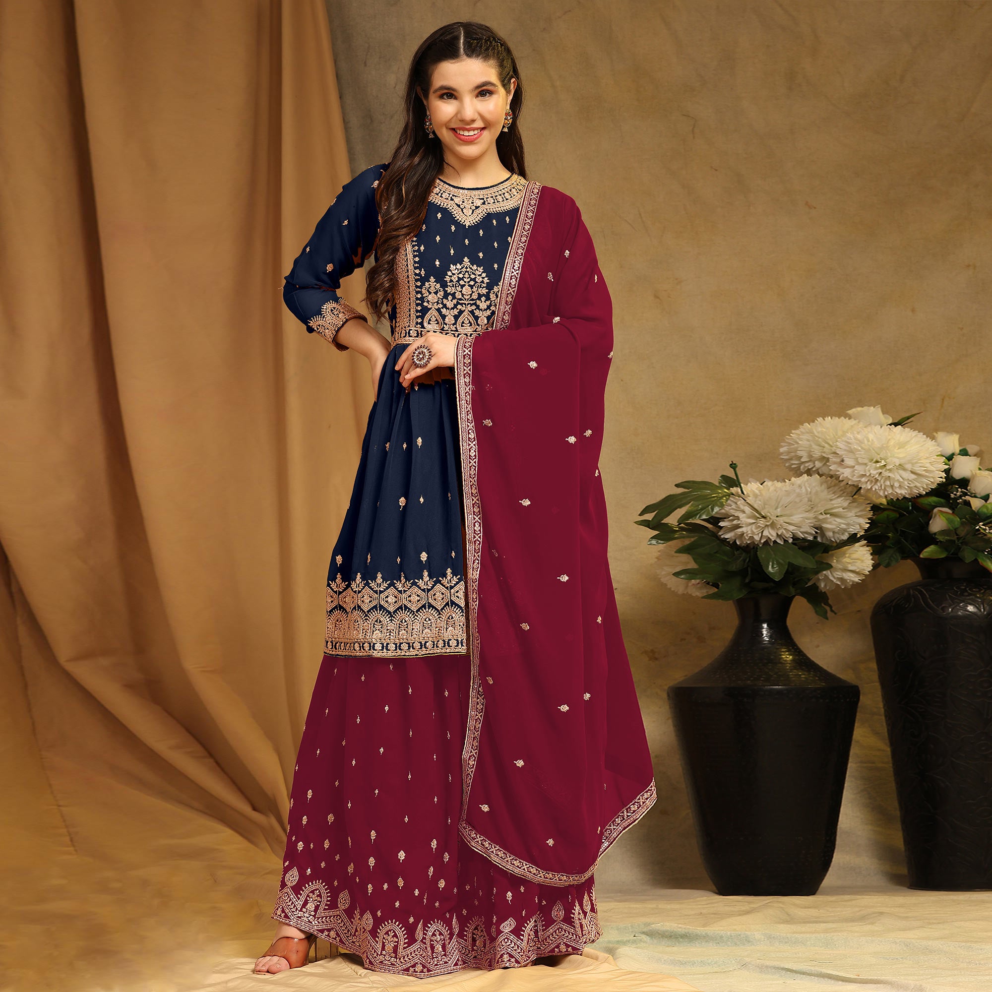 Blue Floral Embroidered Georgette Semi Stitched Sharara Suit