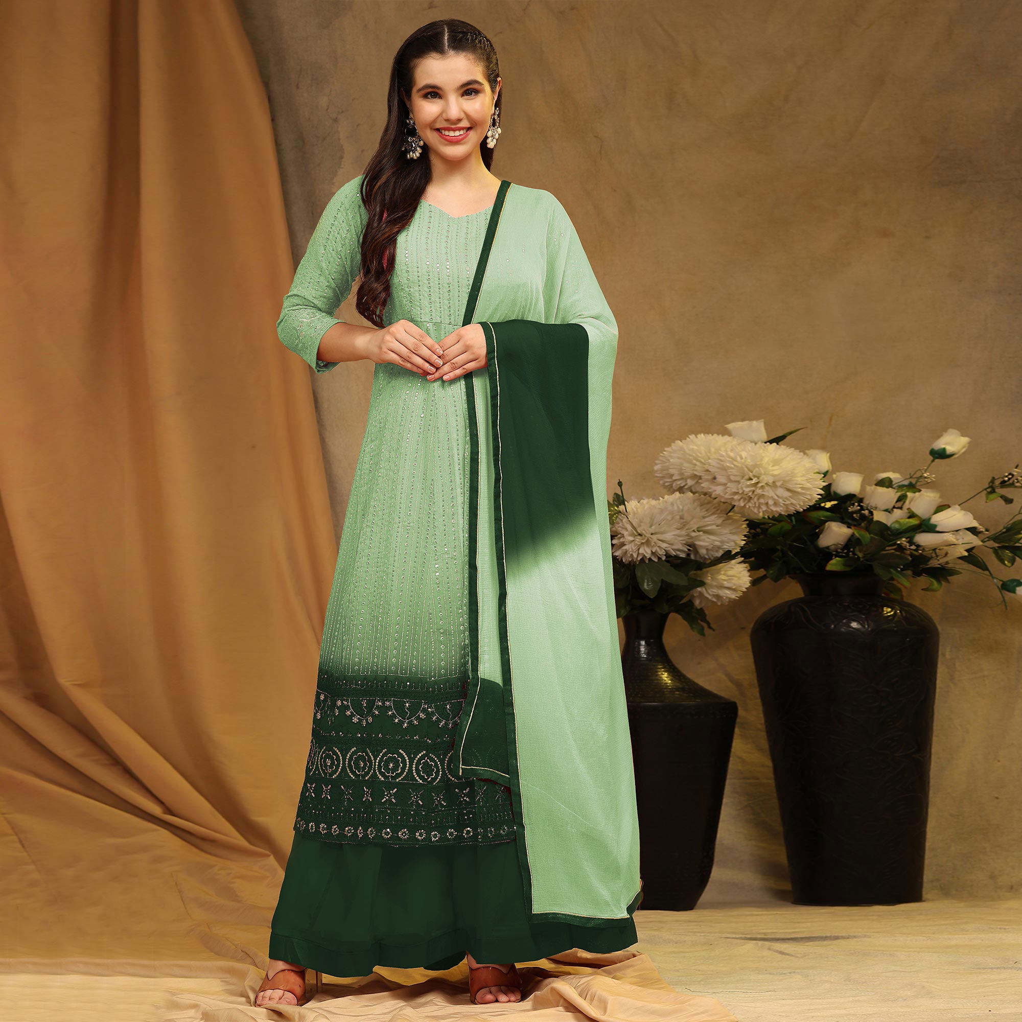 Green Sequins Embroidered Georgette Semi Stitched Sharara Suit