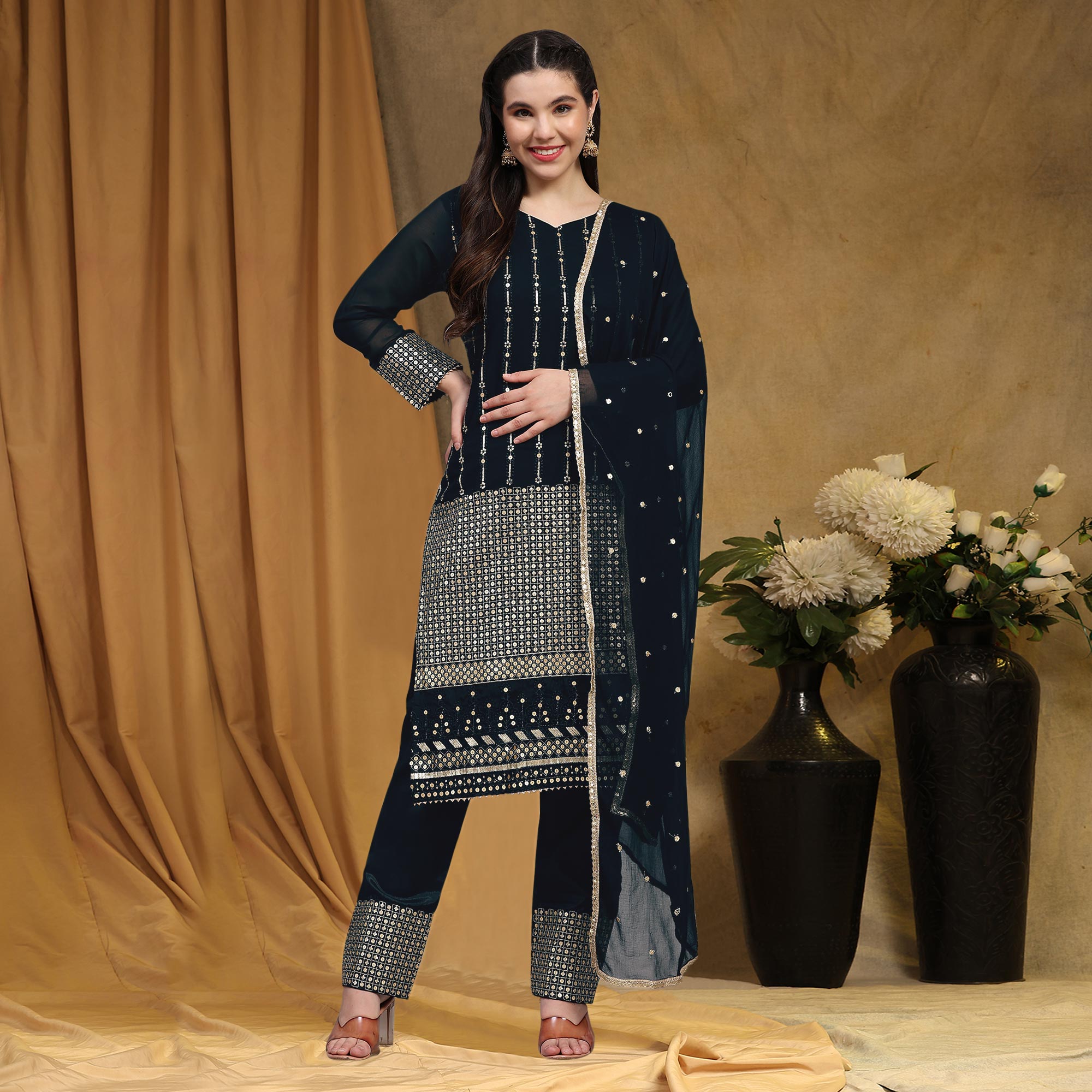 Black Sequins Embroidered Georgette Semi Stitched Salwar Suit