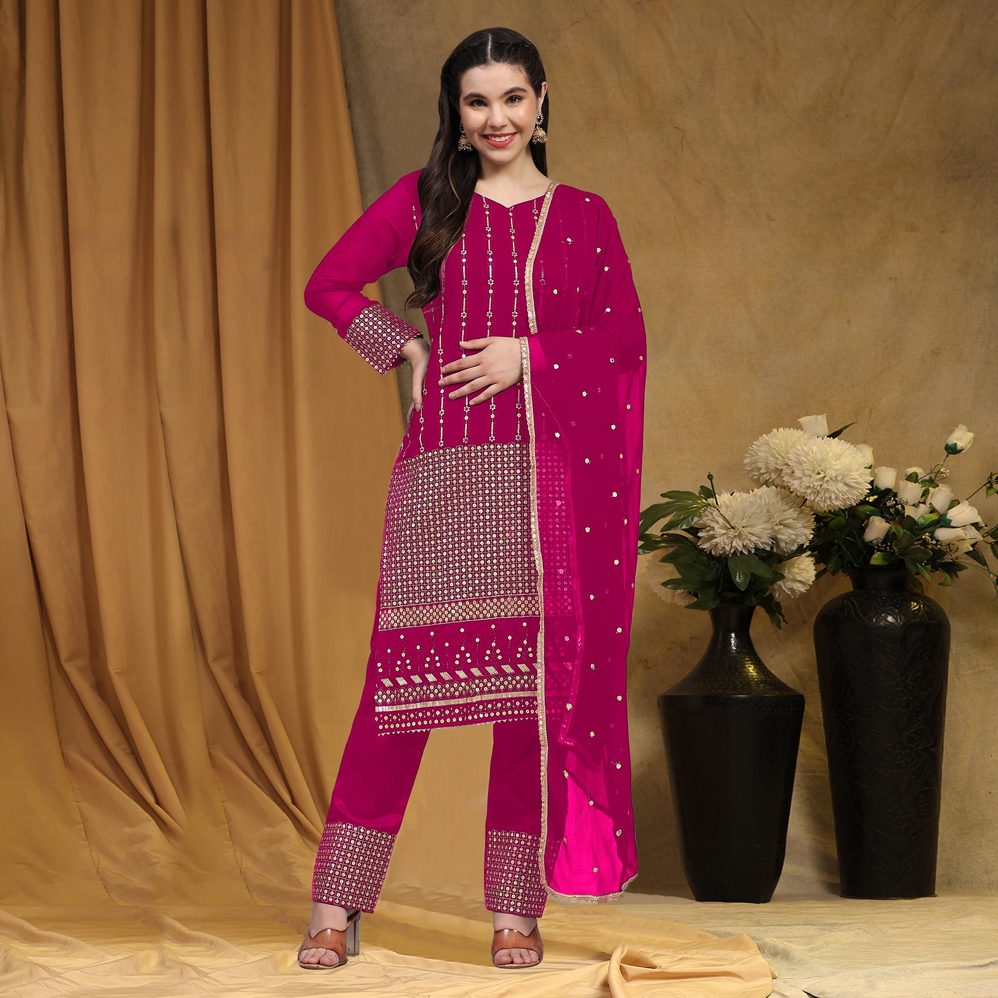 Rani Pink Sequins Embroidered Georgette Semi Stitched Salwar Suit