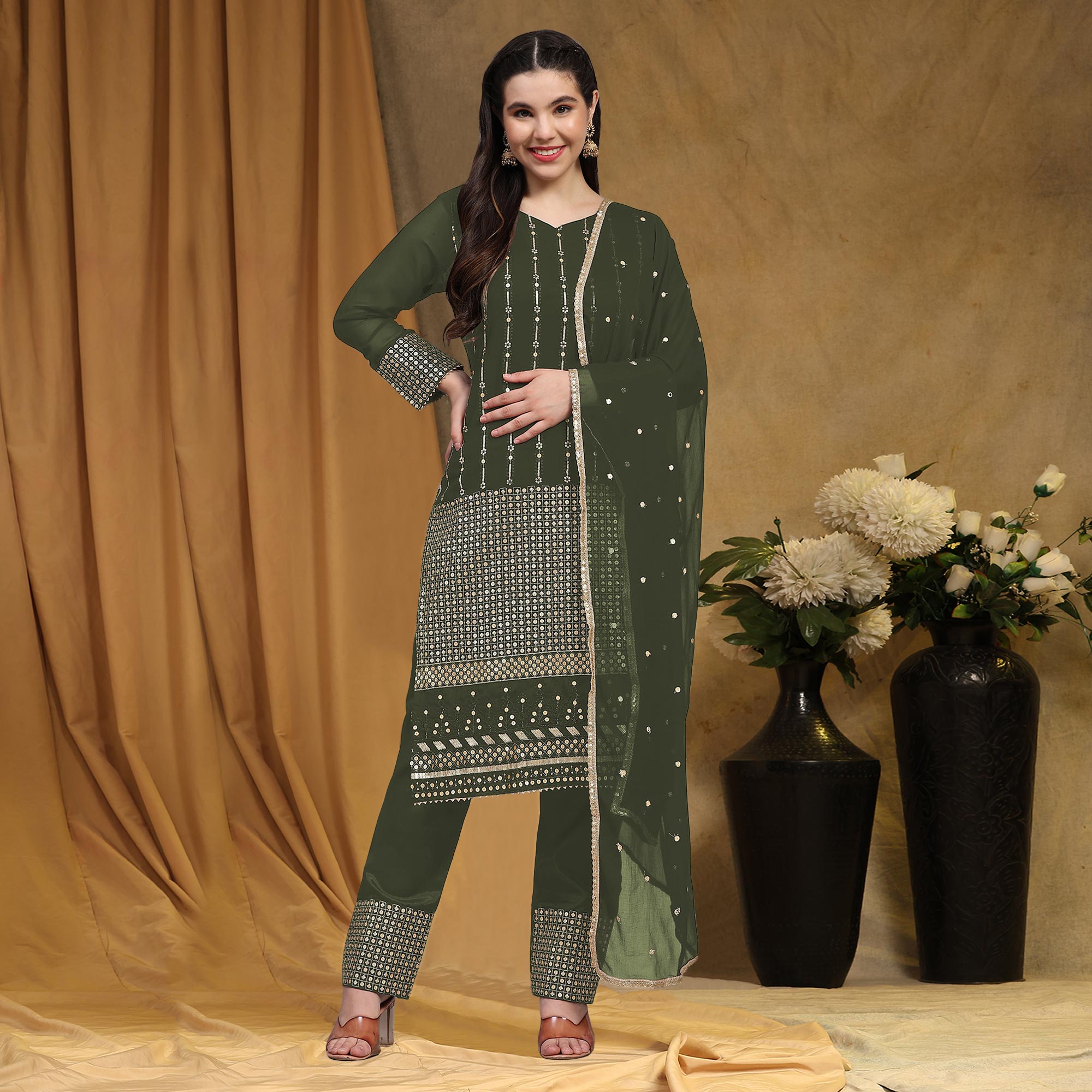 Mehendi Green Sequins Embroidered Georgette Semi Stitched Salwar Suit