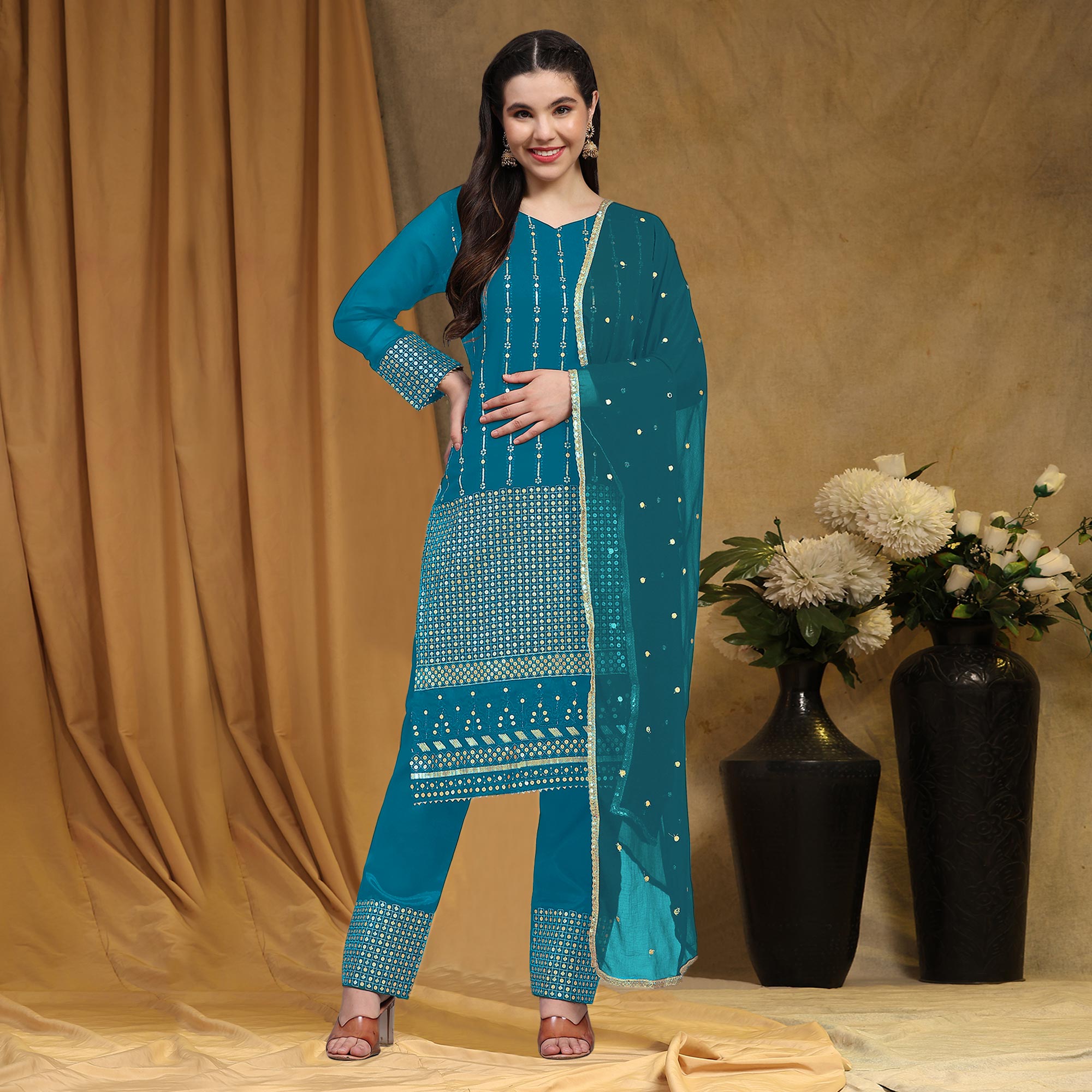 Rama Blue Sequins Embroidered Georgette Semi Stitched Salwar Suit