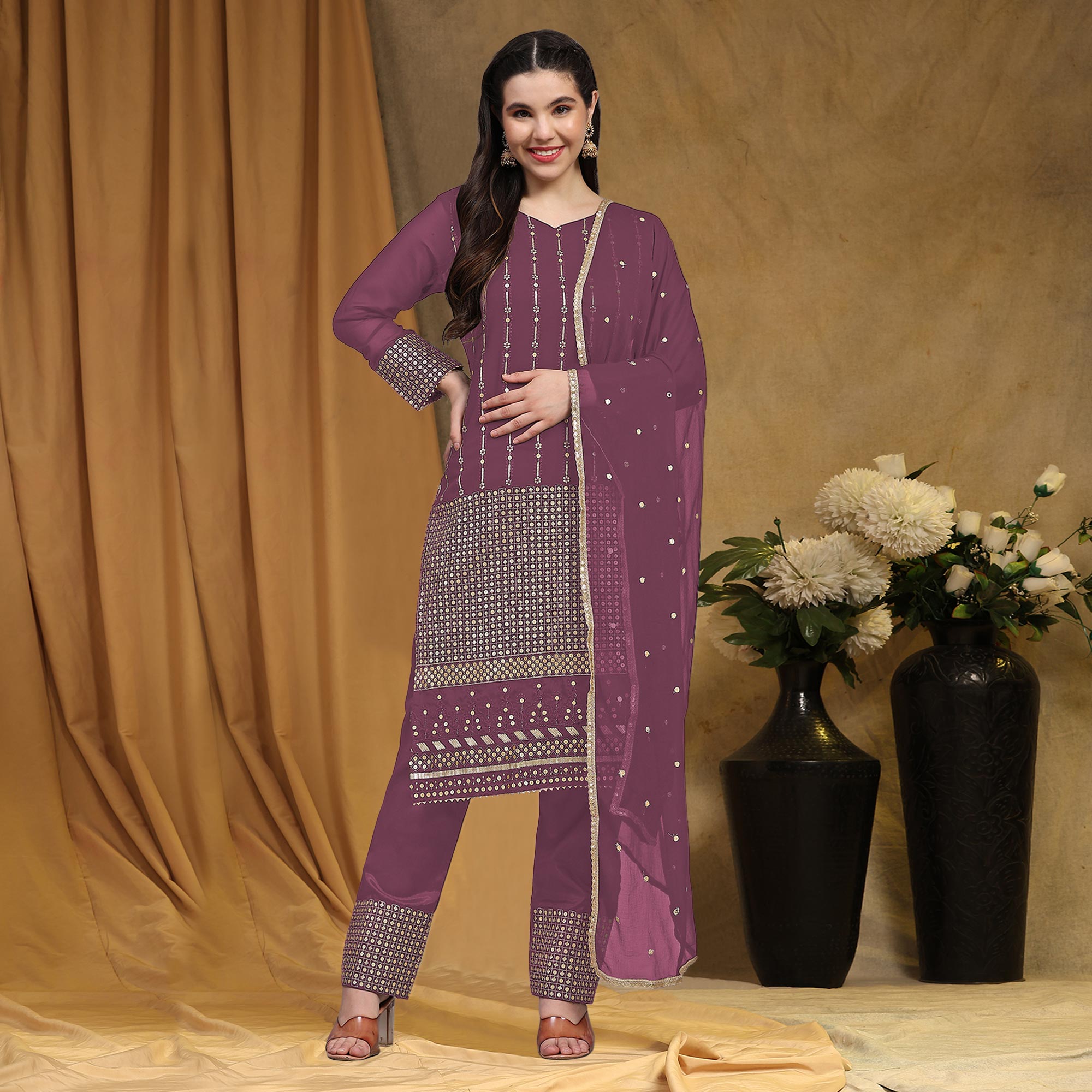 Mauve Sequins Embroidered Georgette Semi Stitched Salwar Suit