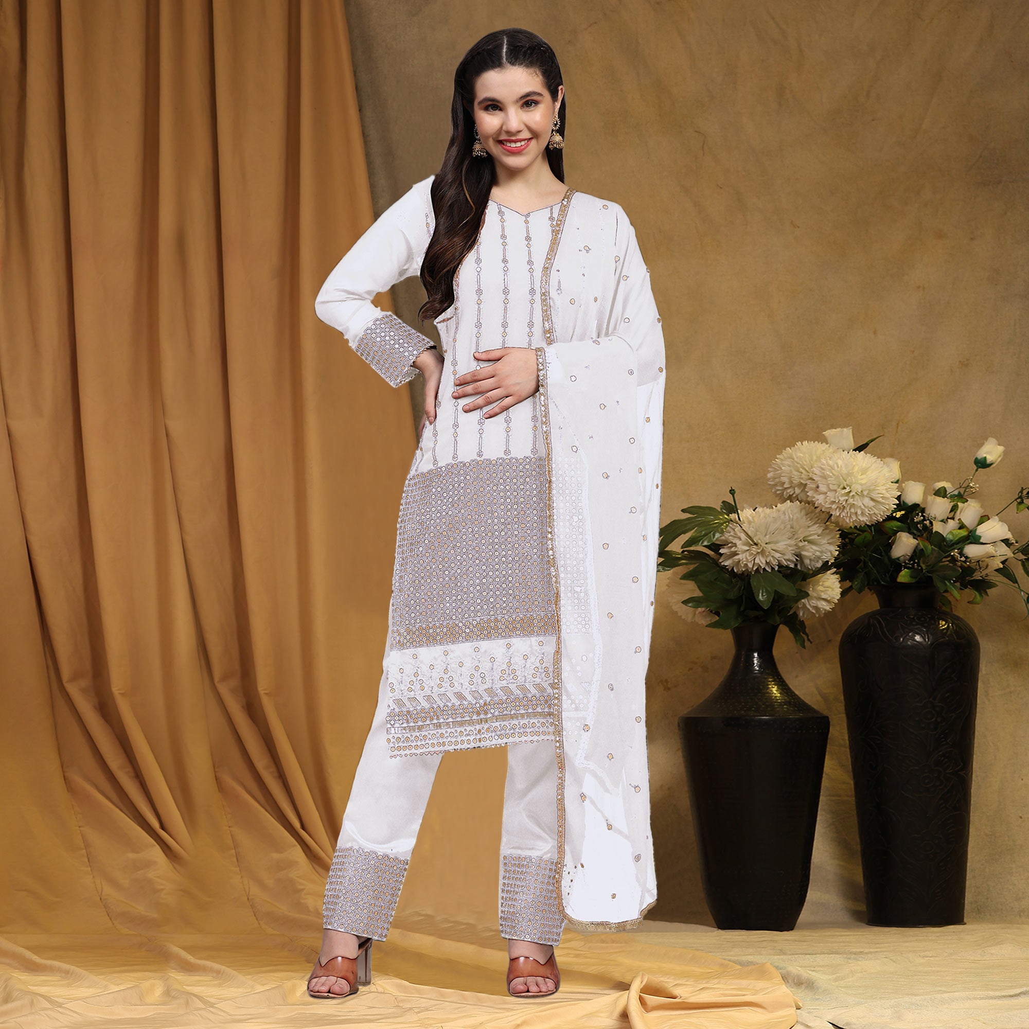 White Sequins Embroidered Georgette Semi Stitched Salwar Suit