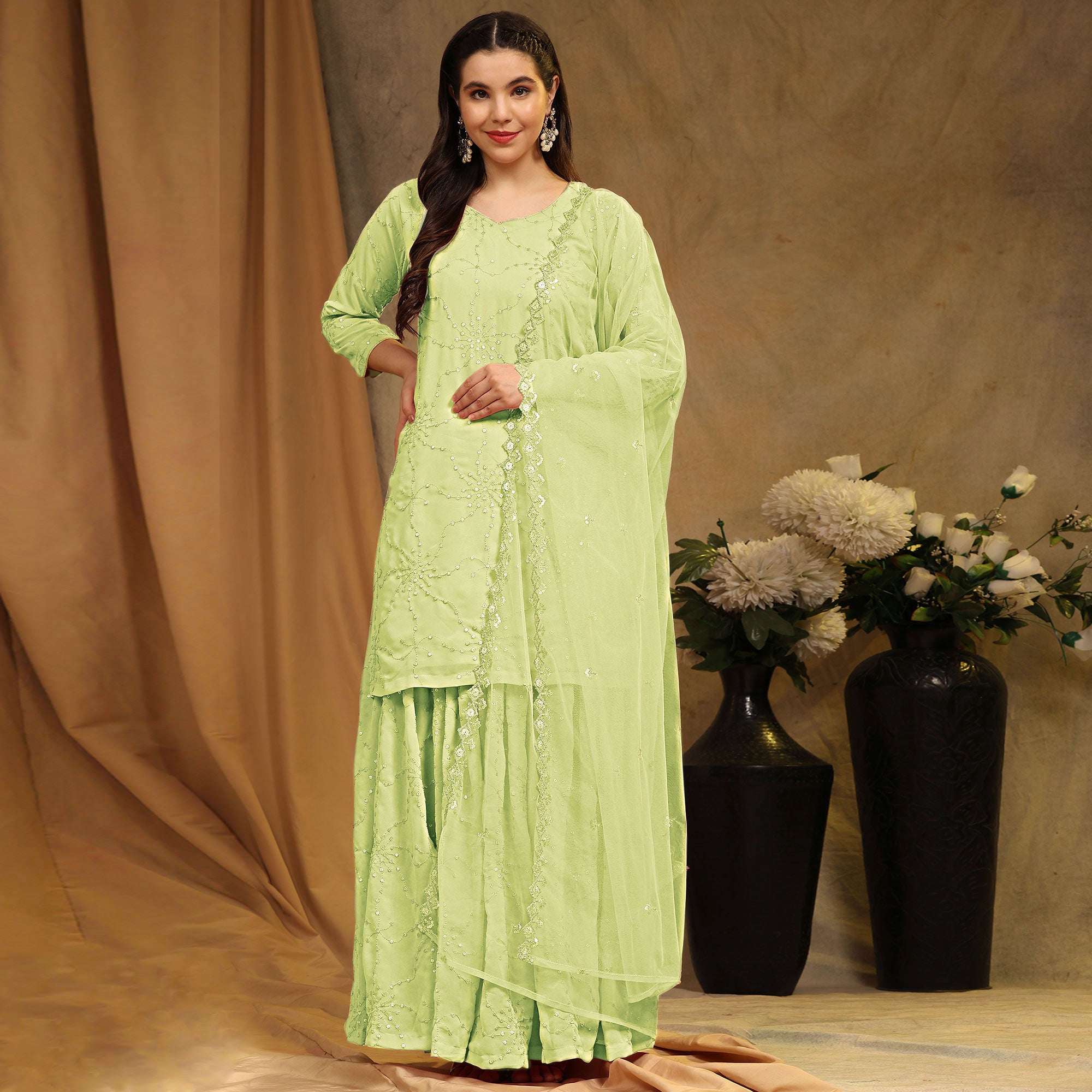Parrot Green Embroidered Georgette Semi Stitched Sharara Suit