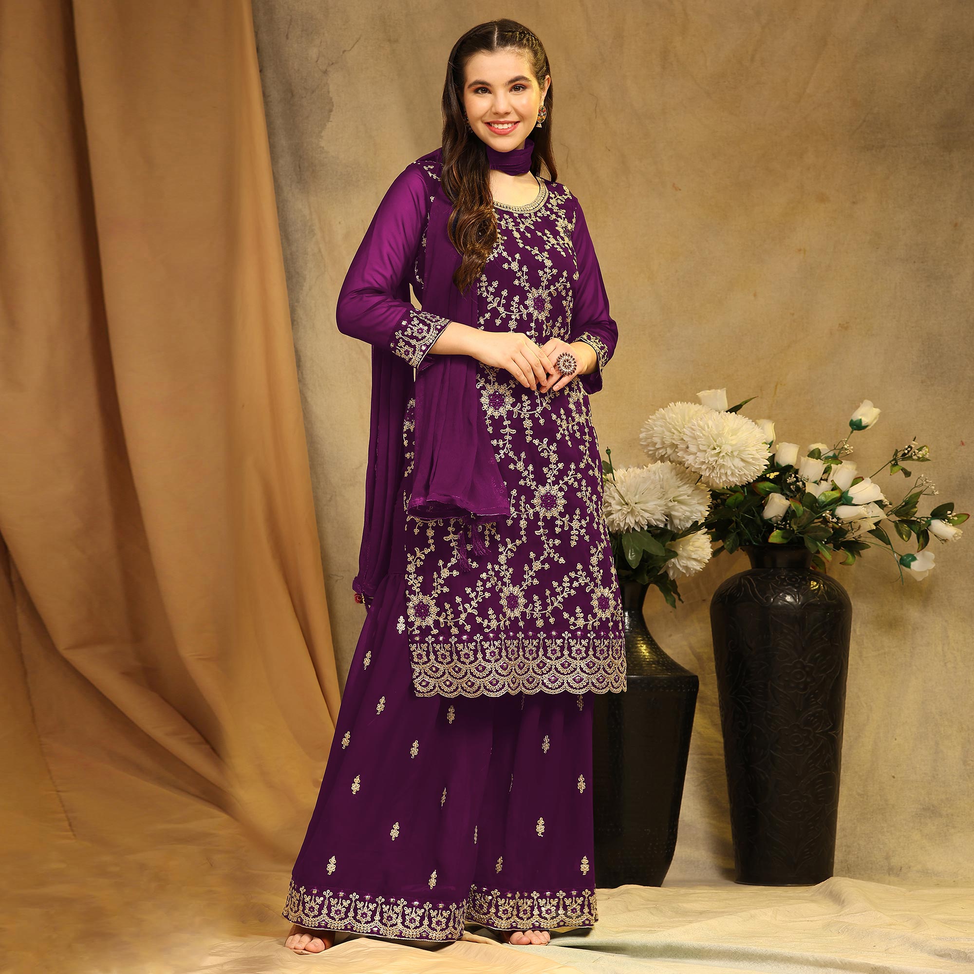 Purple Floral Embroidered Georgette Semi Stitched Suit