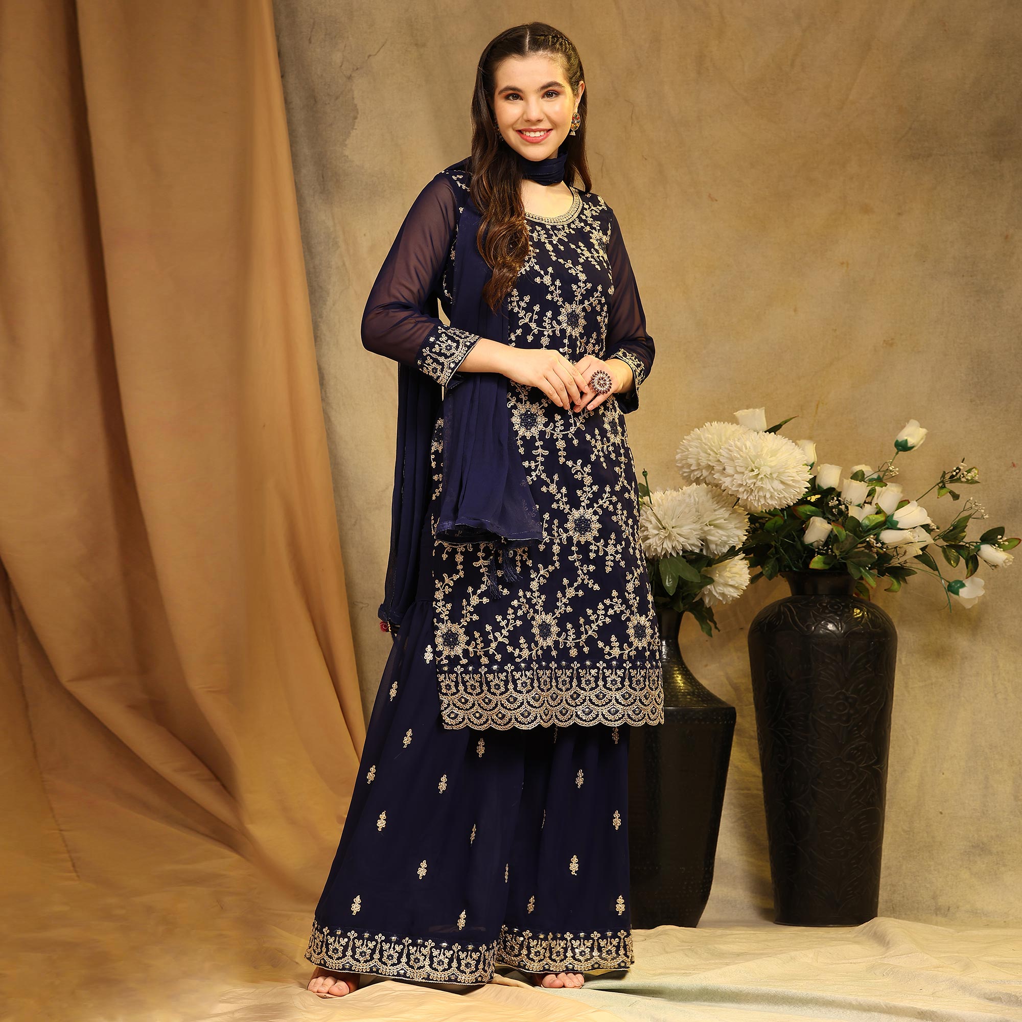 Blue Floral Embroidered Georgette Semi Stitched Suit
