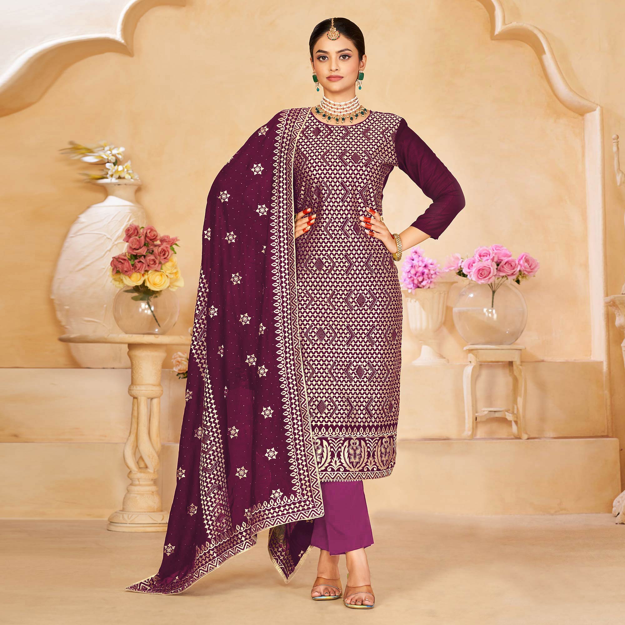 Wine Embroidered With Swarovski Work Vichitra Silk Semi Stitched Salwar Suit