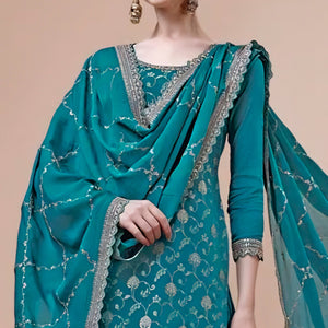 Rama Blue Floral Zari Woven Chinon Semi Stitched Dress Material