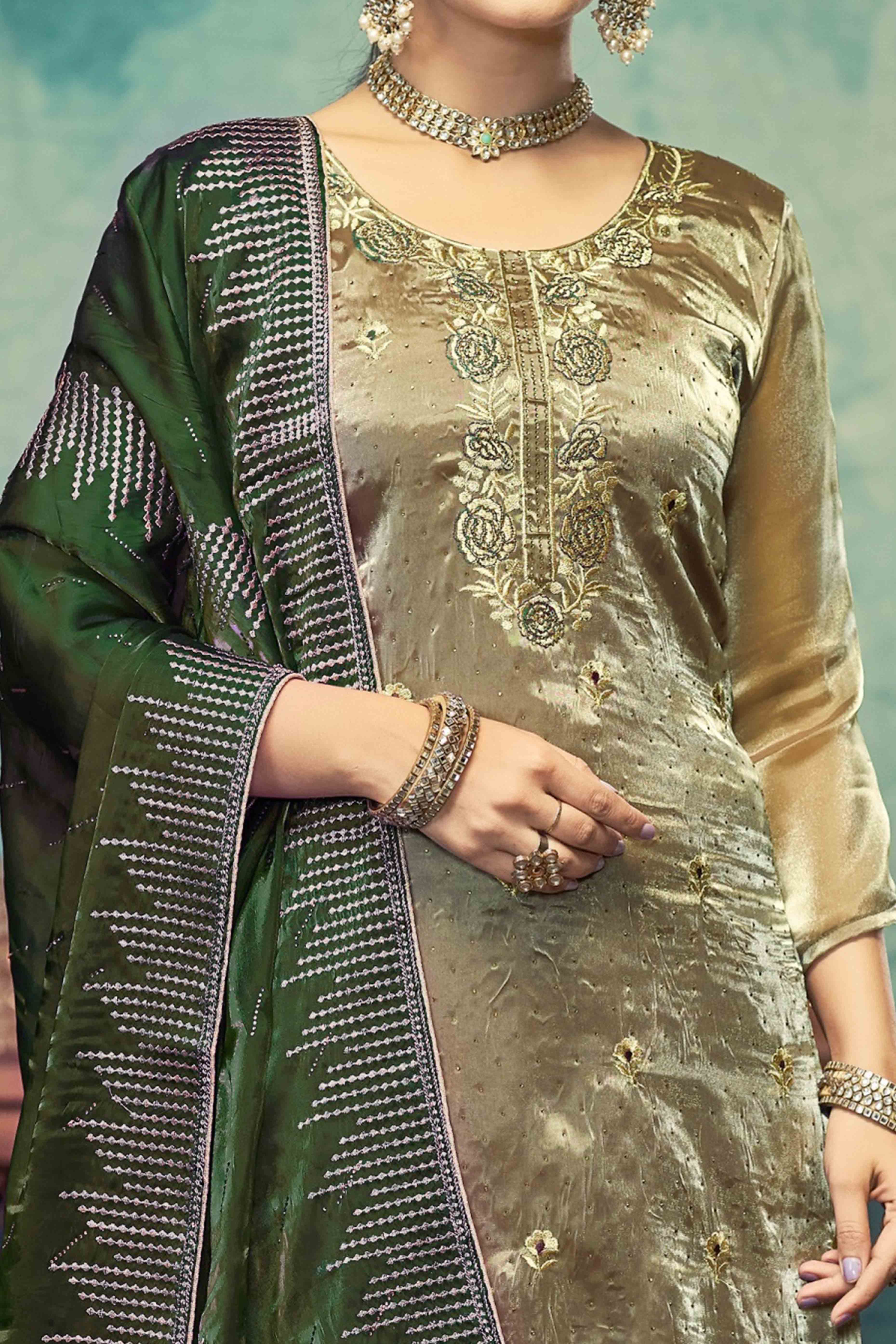 Green Floral Embroidery With Swarovski Work Jimmy Choo Tissue Semi Stitched Suit