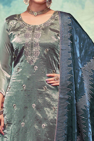 Turquoise Floral Embroidery With Swarovski Work Jimmy Choo Tissue Semi Stitched Suit