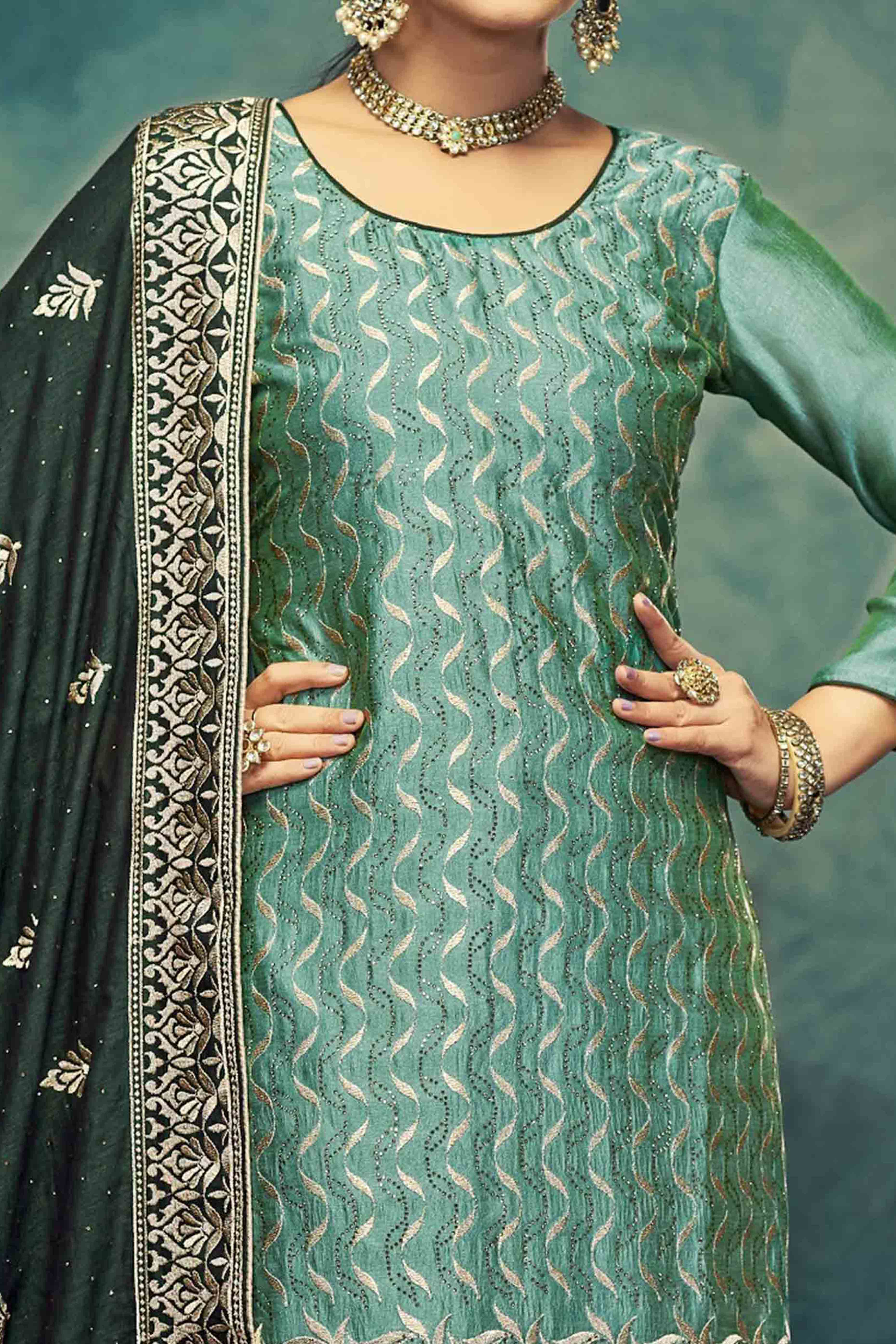 Green Embroidery With Swarovski Work Vichitra Silk Semi Stitched Suit