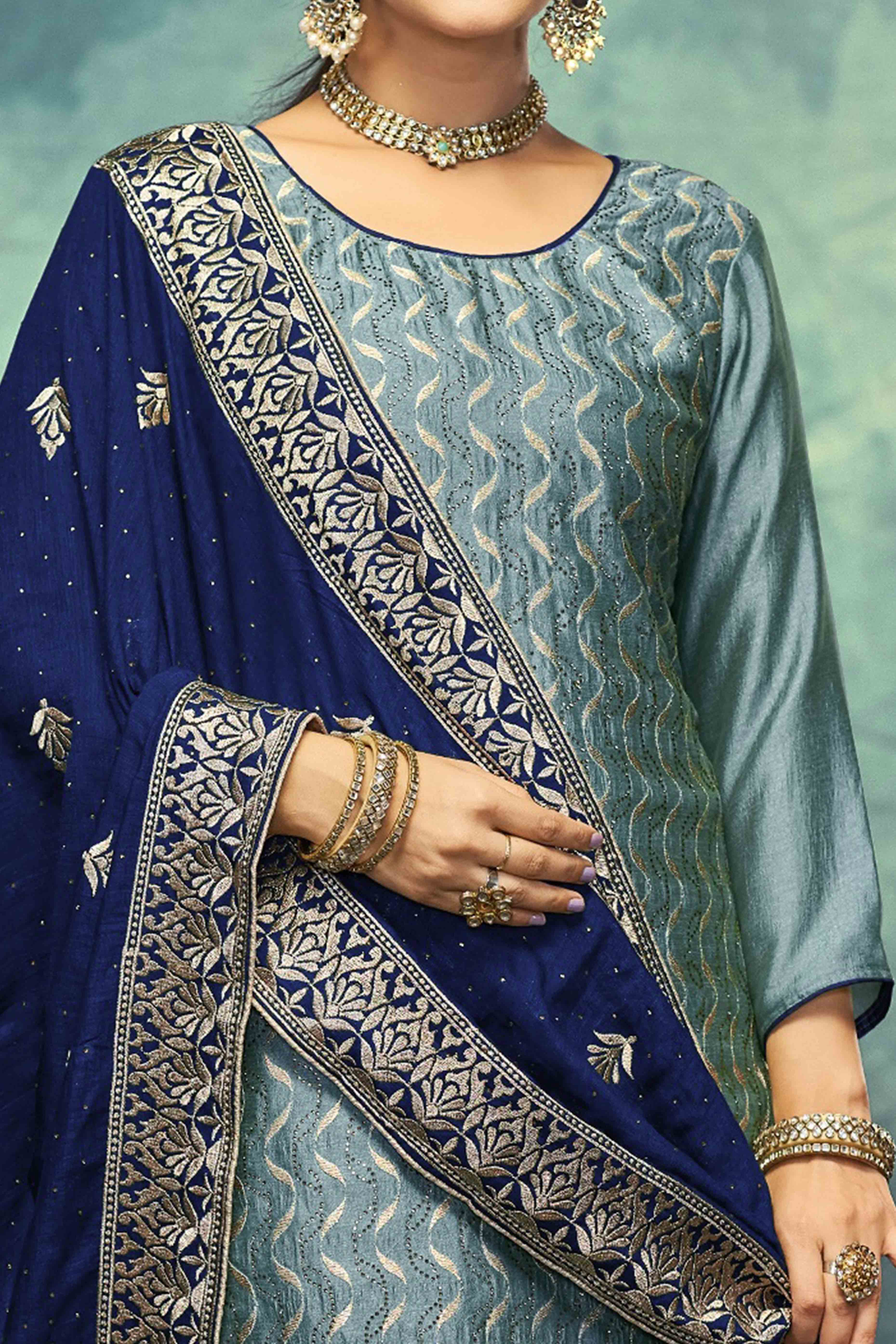 Blue Embroidery With Swarovski Work Vichitra Silk Semi Stitched Suit