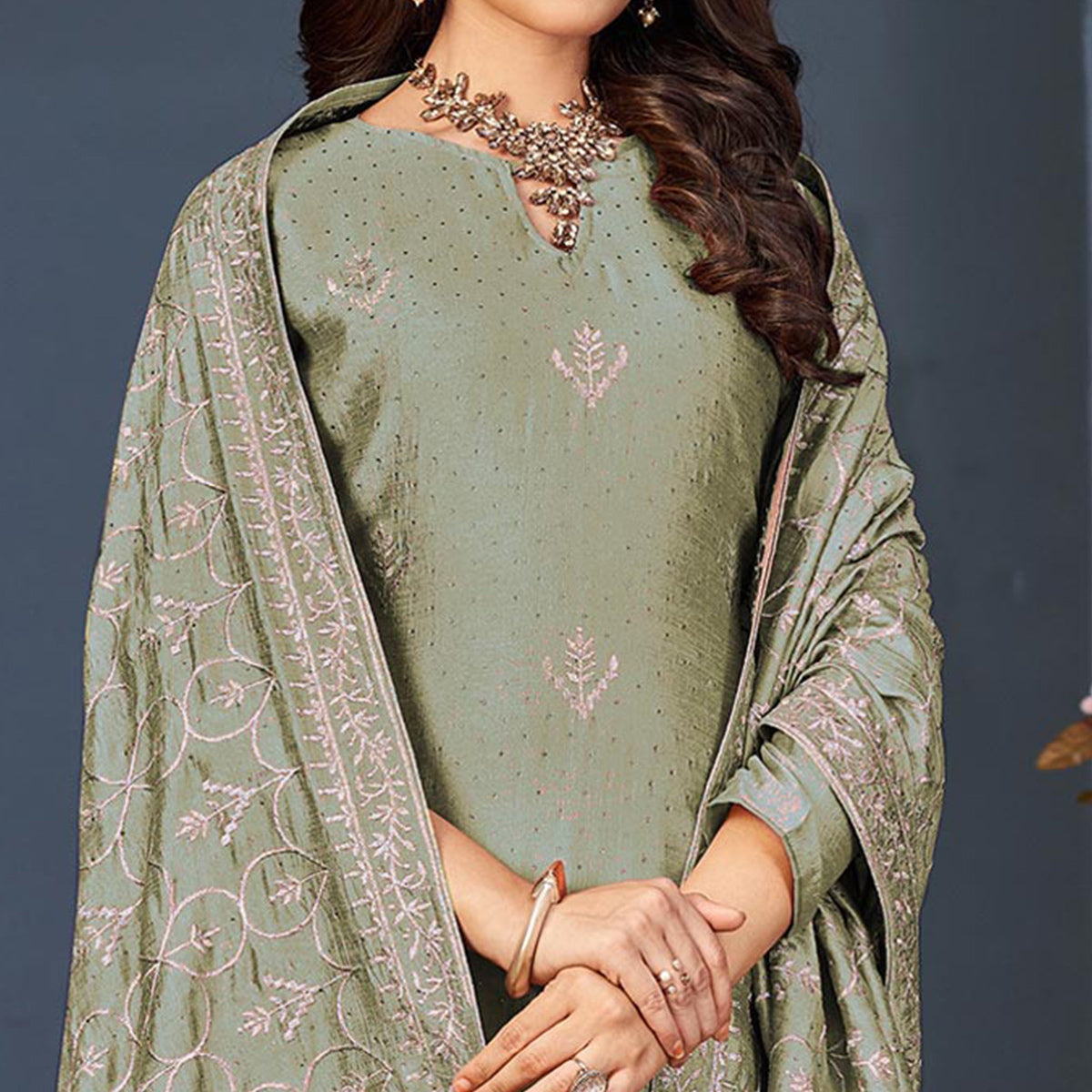Green Embroidered With Swarovski Work Art Silk Semi Stitched Salwar Suit