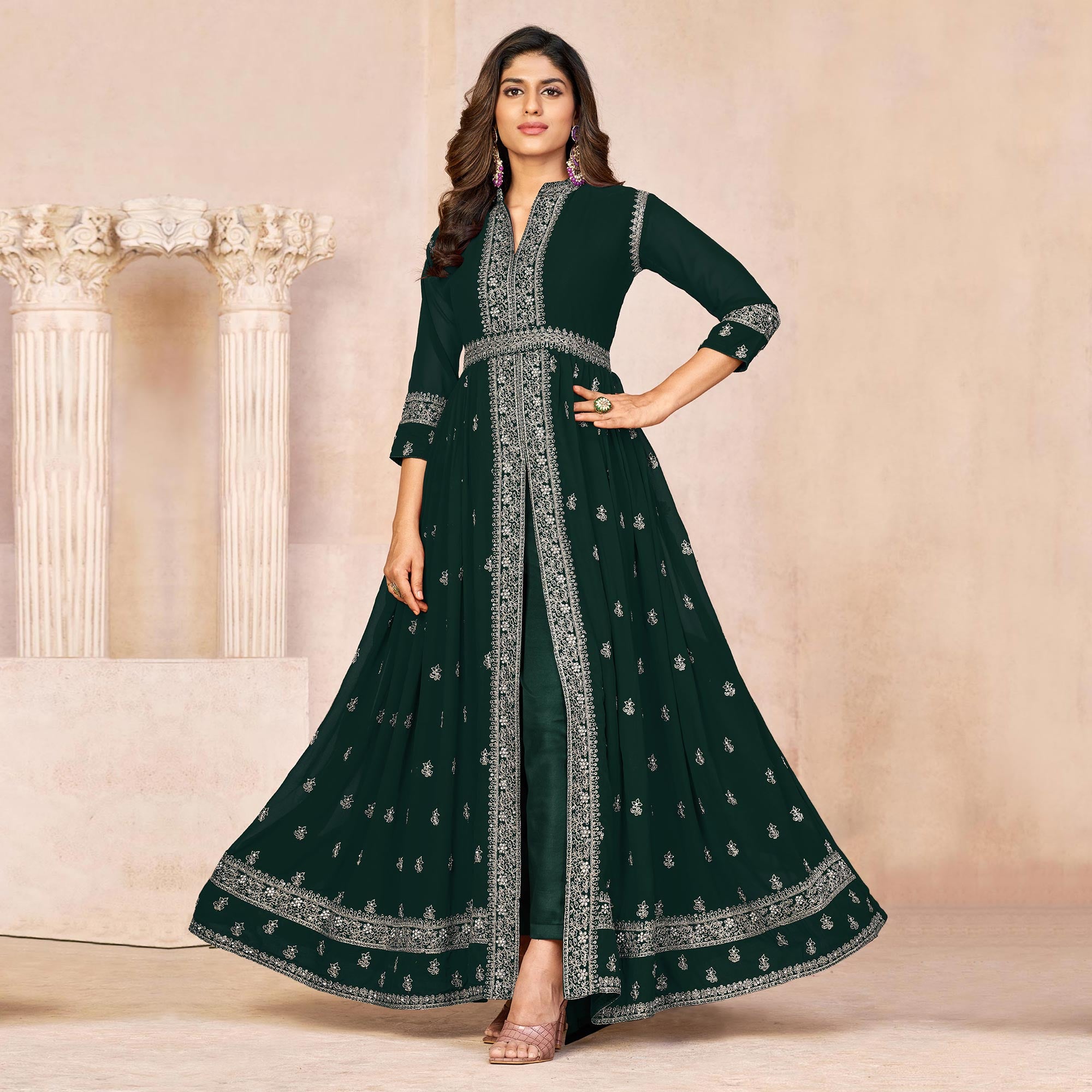 Green Floral Embroidered Front Slit Semi Stitched Georgette Anarkali Suit