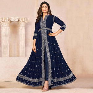 Blue Floral Embroidered Front Slit Semi Stitched Georgette Anarkali Suit