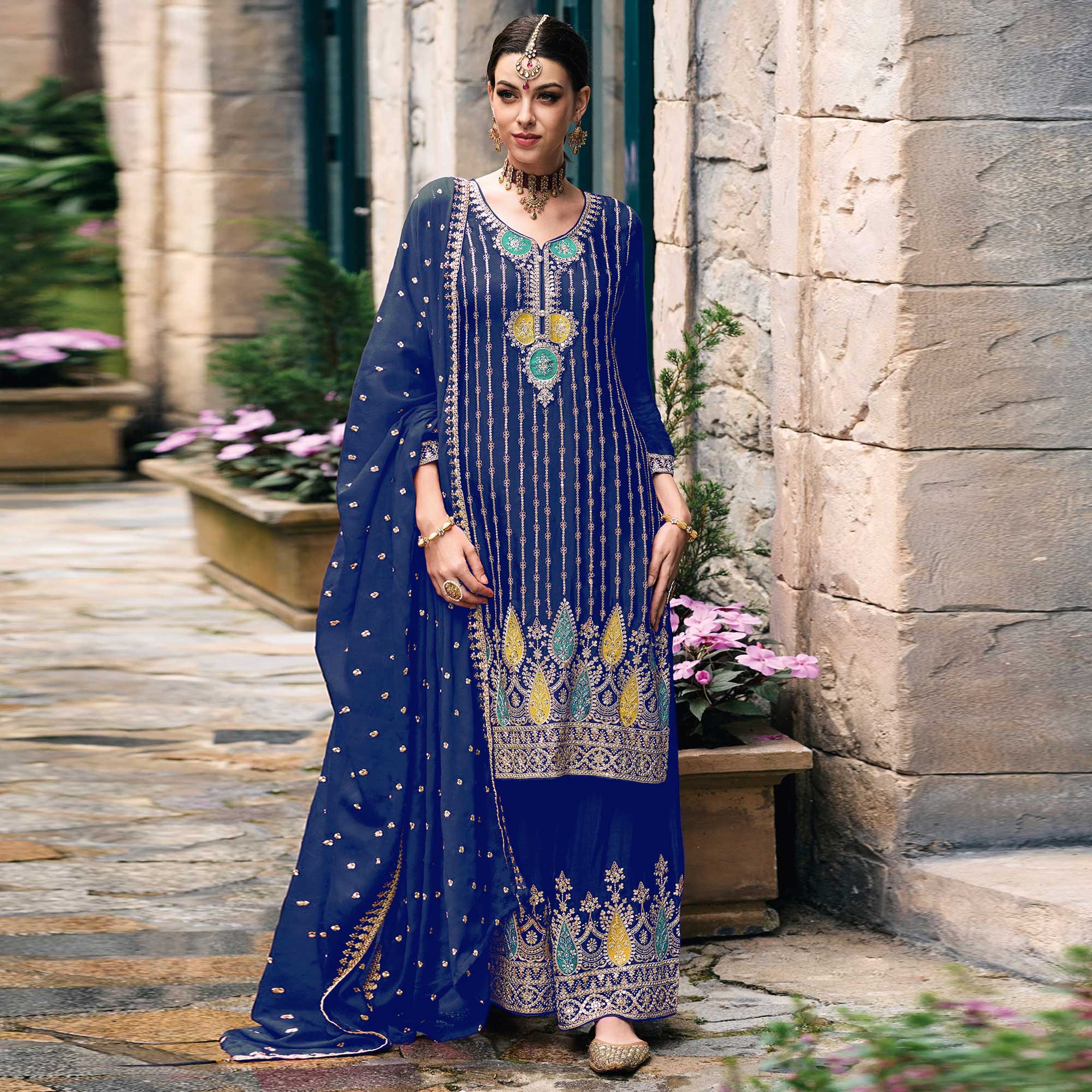 Blue Embroidered Chinon Semi Stitched Palazzo Suit