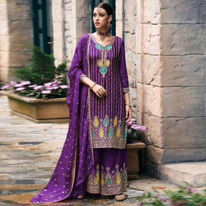 Purple Embroidered Chinon Semi Stitched Palazzo Suit