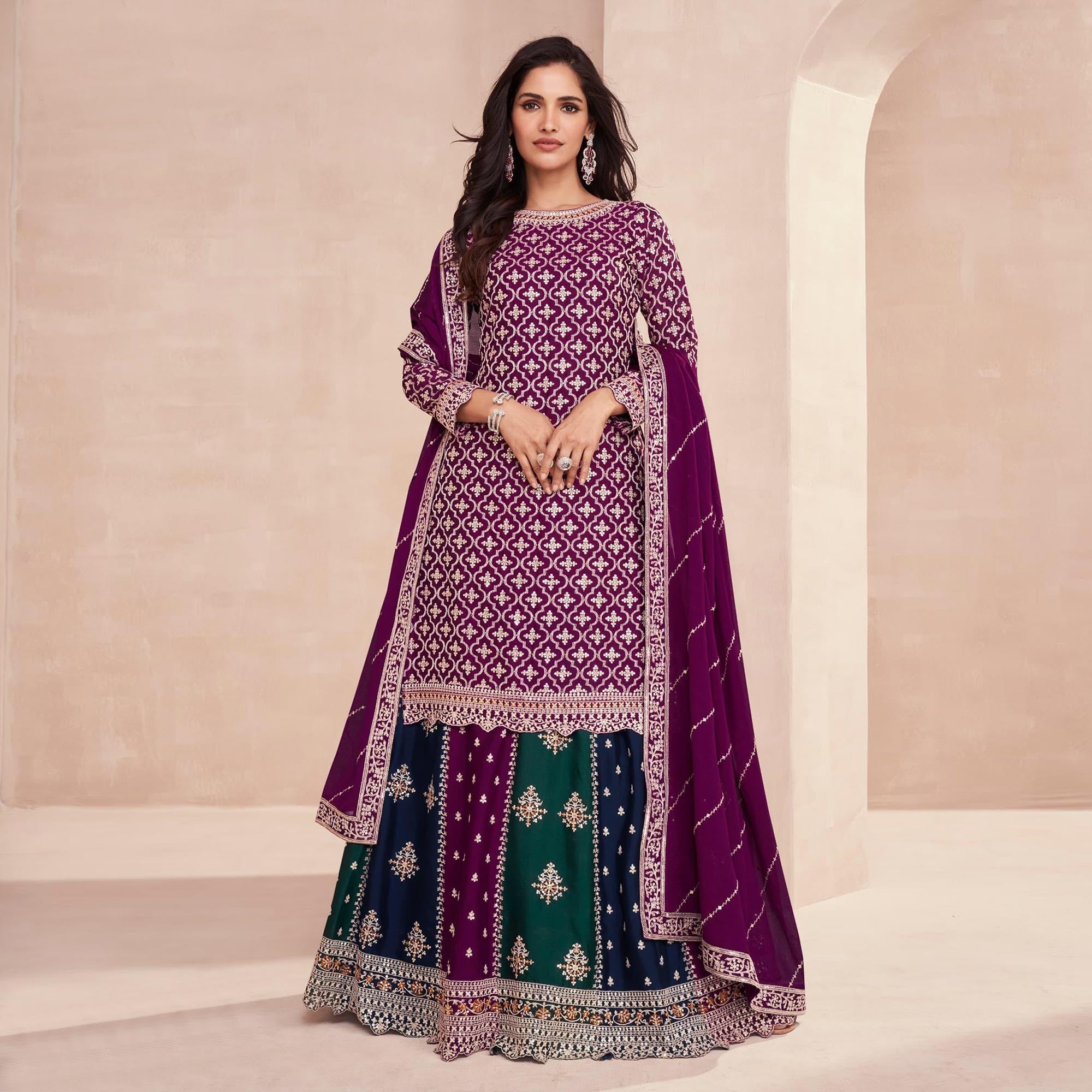 Purple Embroidered Chinon Semi Stitched Sharara Suit