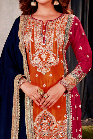 Pink & Orange Floral Sequins Embroidered Chinon Silk Semi Stitched Palazzo Suit