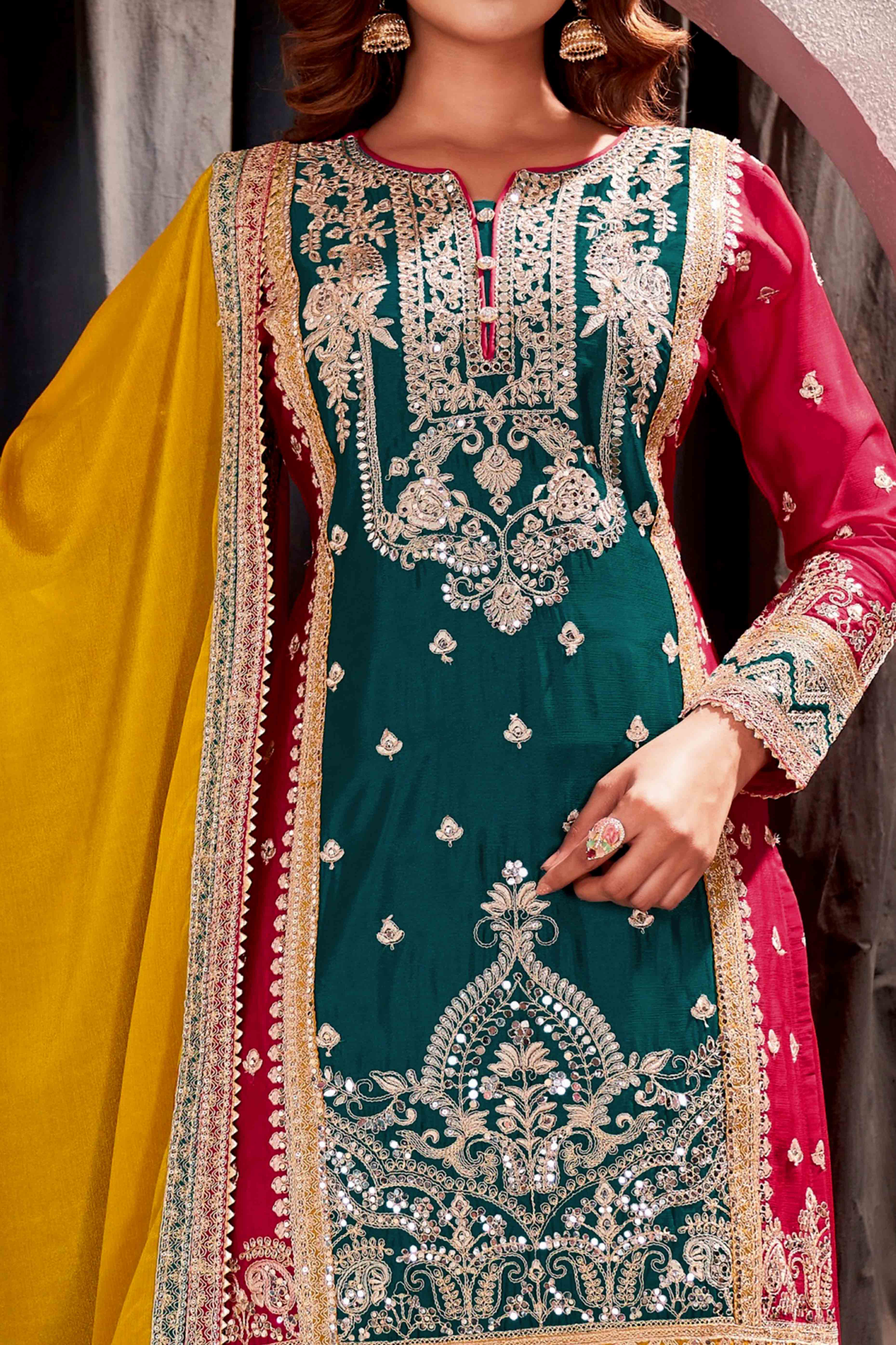 Cherry Red & Teal Green Floral Sequins Embroidered Chinon Silk Semi Stitched Palazzo Suit