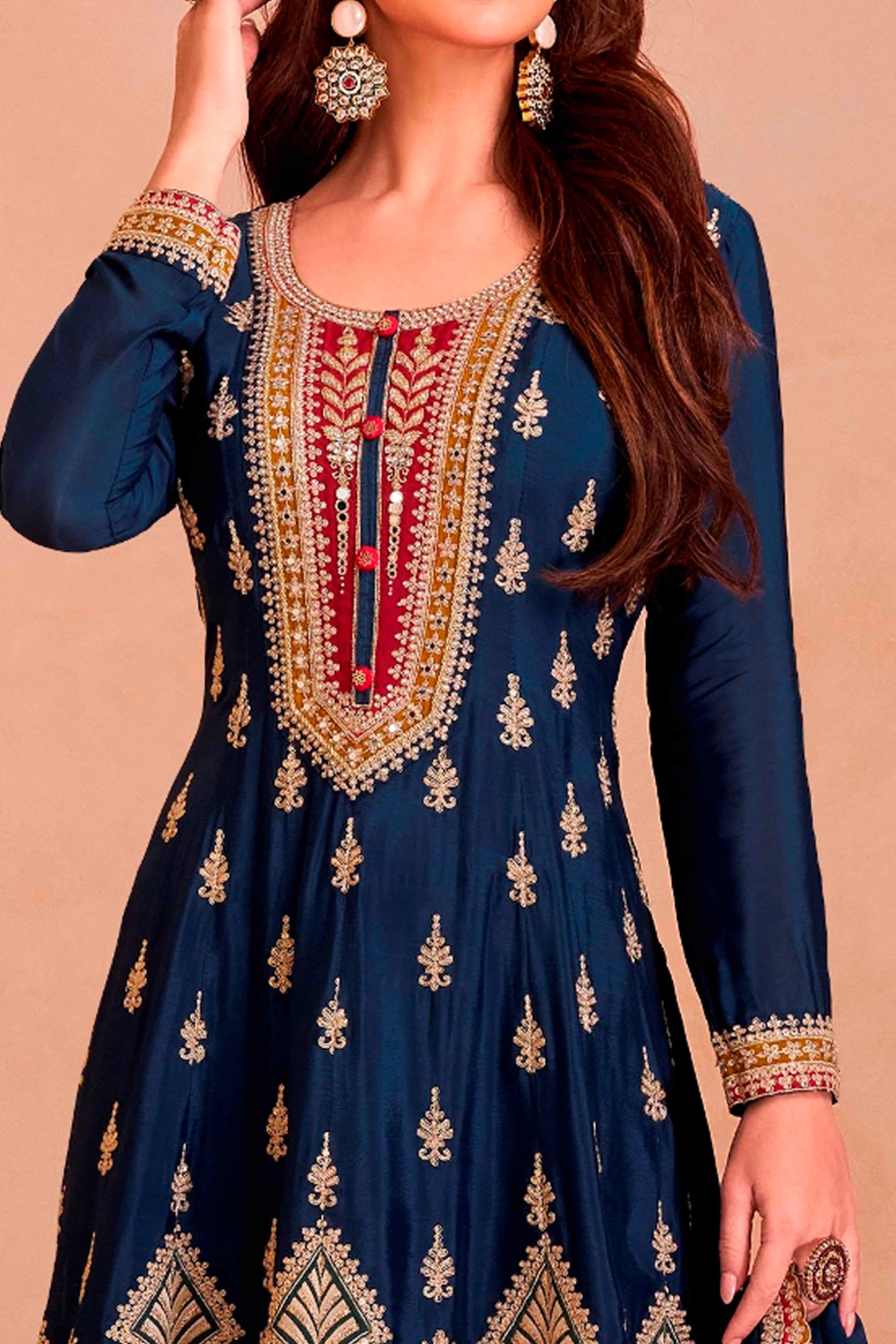 Blue Floral Sequins Embroidered Chinon Palazzo Suit