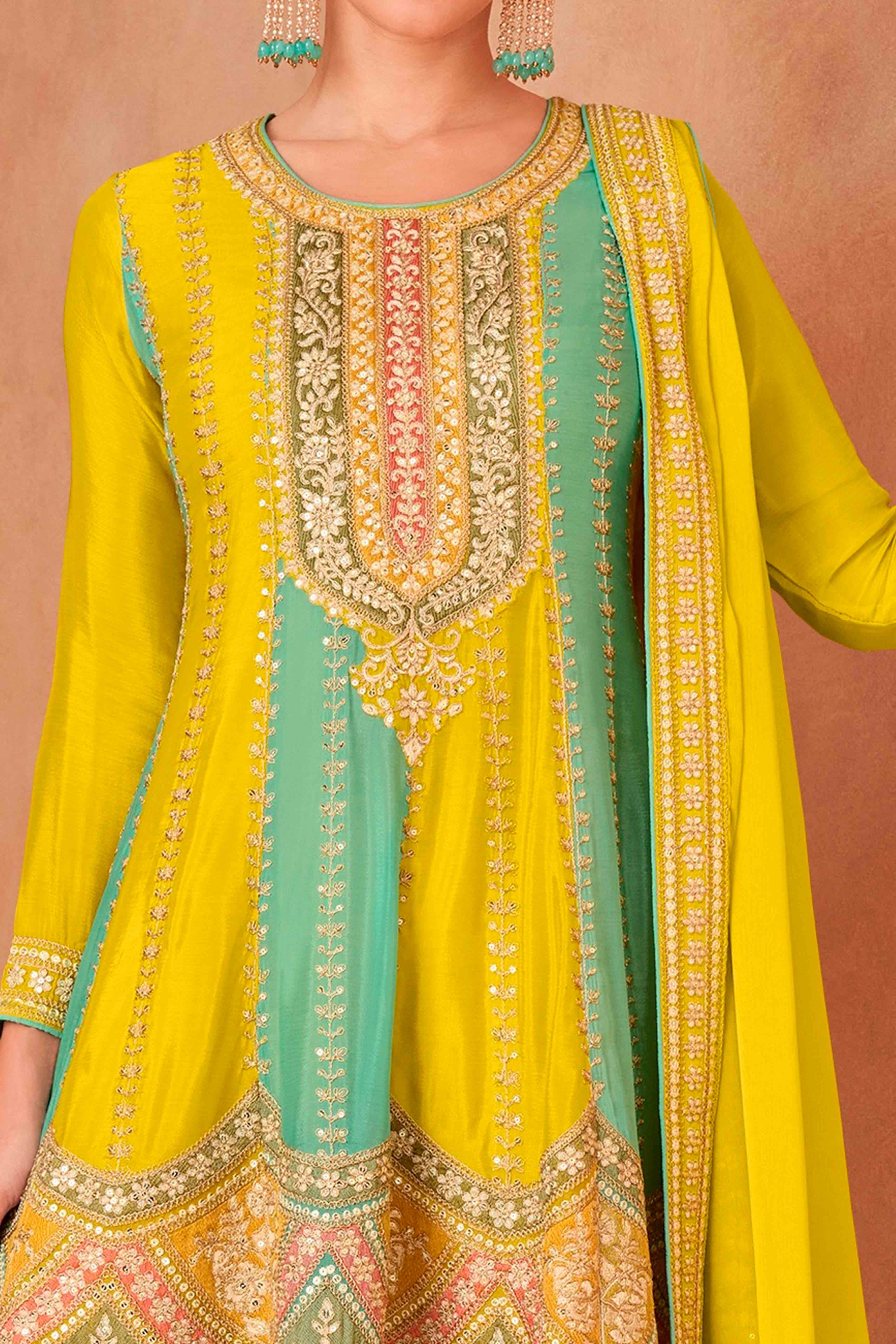 Yellow Floral Sequins Embroidered Chinon Sharara Suit