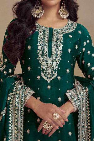 Green Floral Sequins Embroidered Satin Silk Semi Stitched Suit