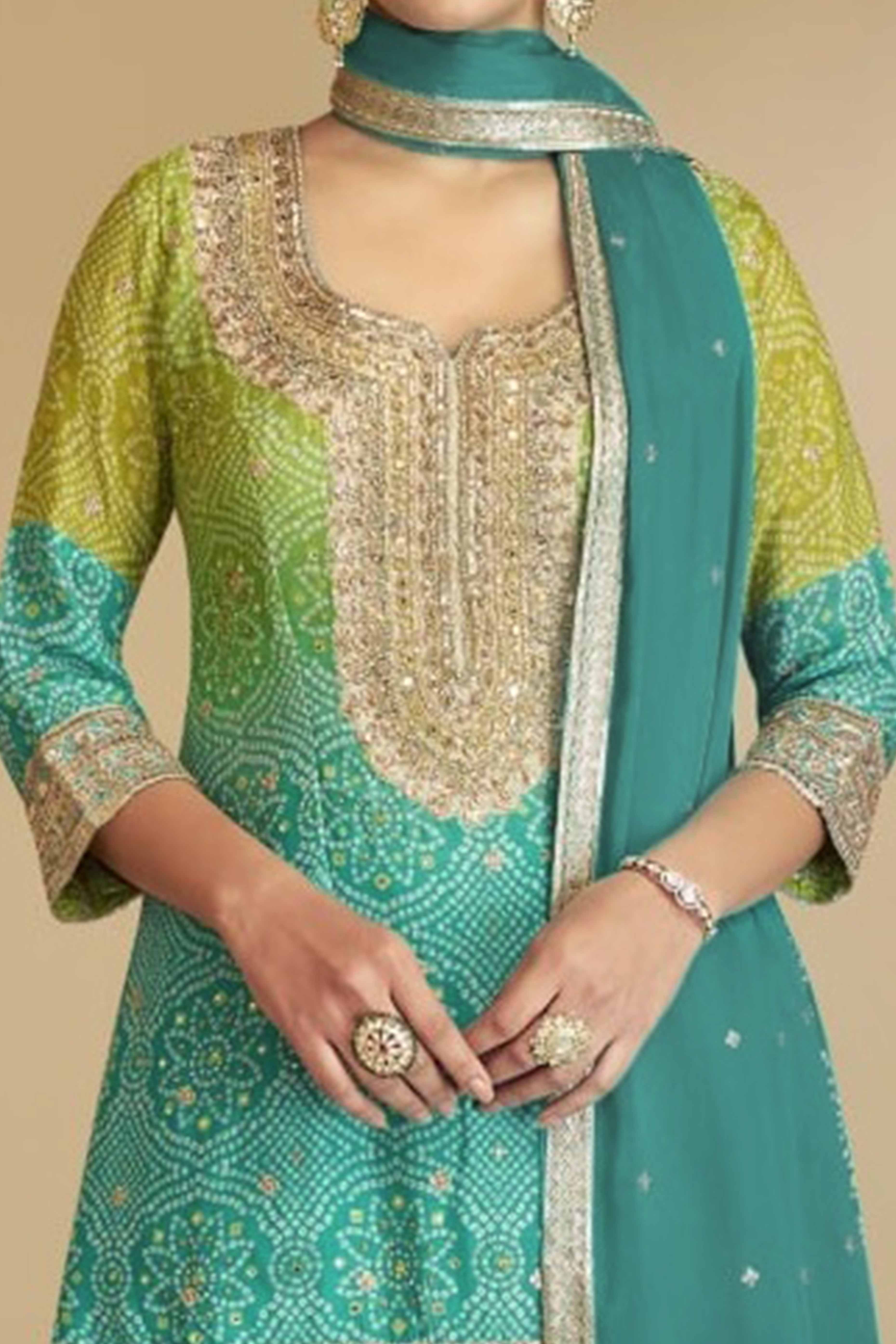 Teal Embroidered Chinon Palazzo Suit