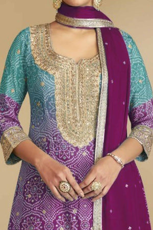 Magenta Embroidered Chinon Palazzo Suit