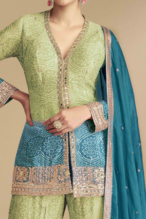 Green & Blue Bandhani Print With Sequins Embroidered Chinon Palazzo Suit