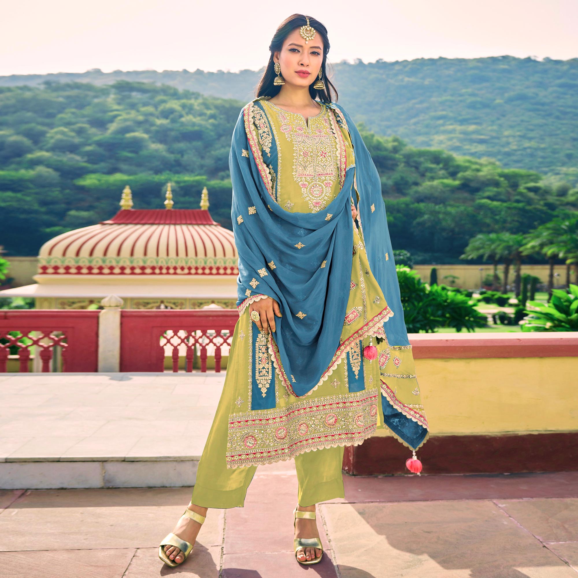 Lemon Yellow Sequins Embroidered Chinon Semi Stitched Salwar Suit