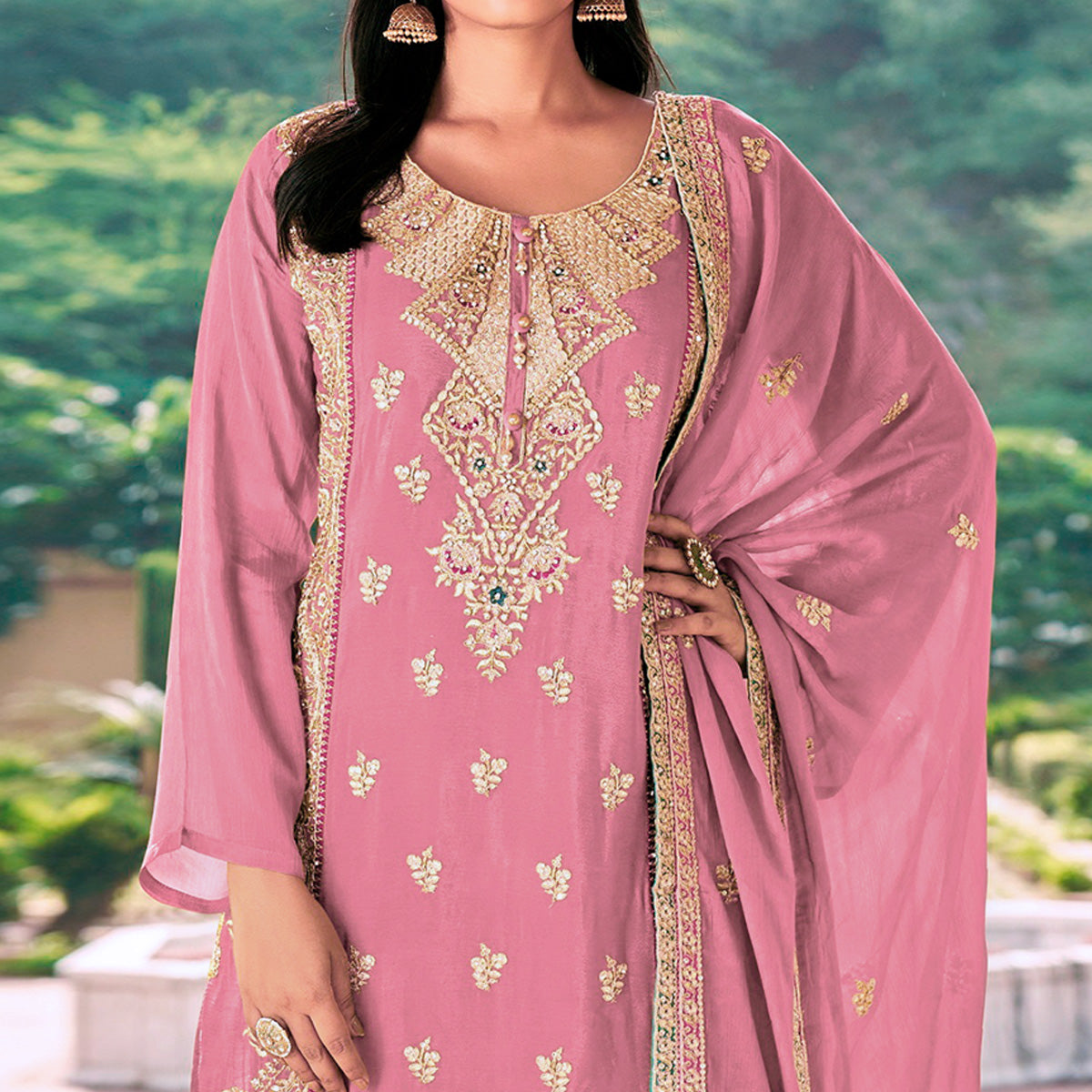 Pink Sequins Embroidered Chinon Semi Stitched Salwar Suit
