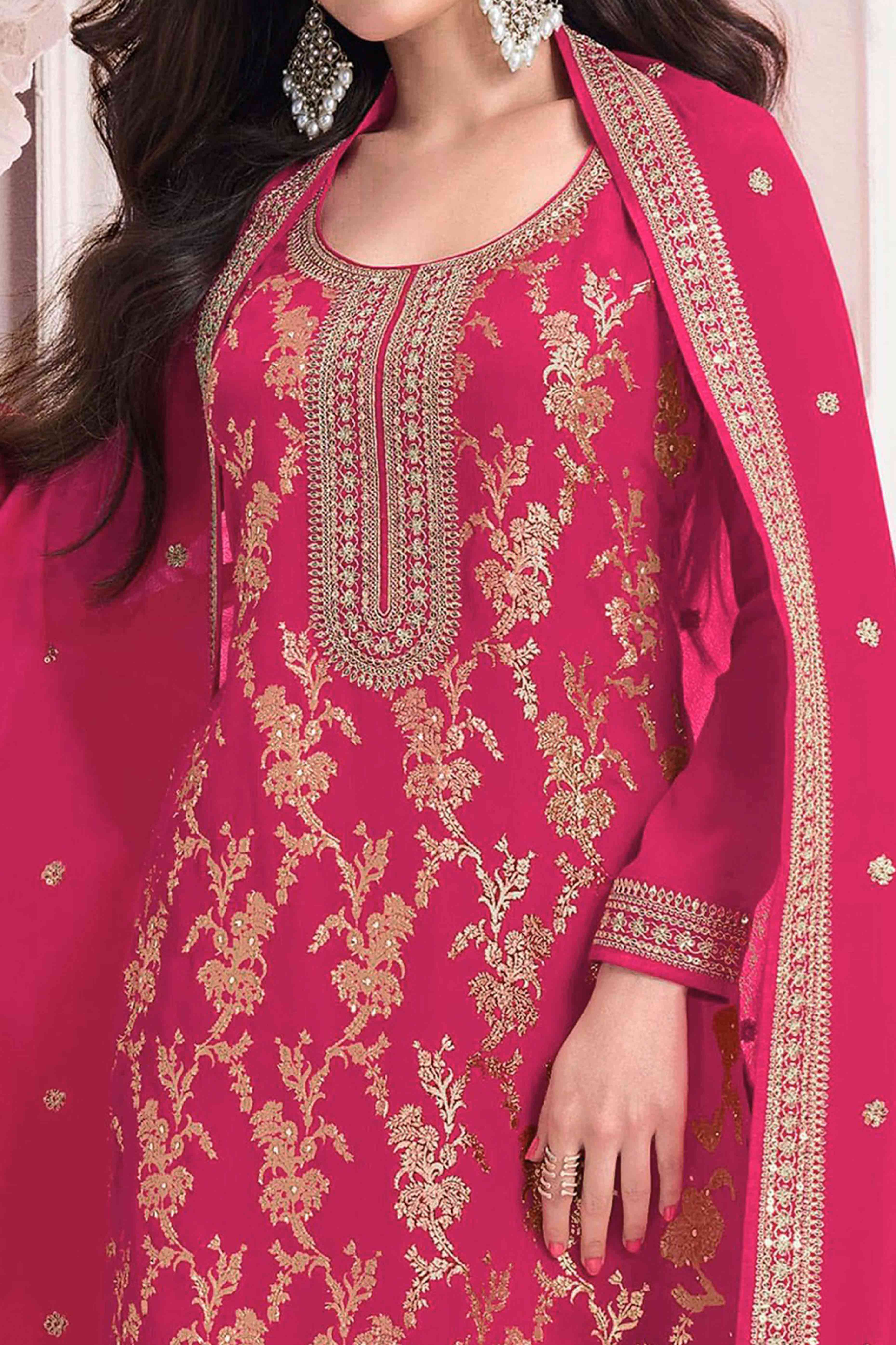 Pink Woven With Embroidered Jacquard Viscose Semi Stitched Salwar Suit