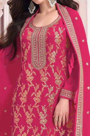 Pink Woven With Embroidered Jacquard Viscose Semi Stitched Salwar Suit