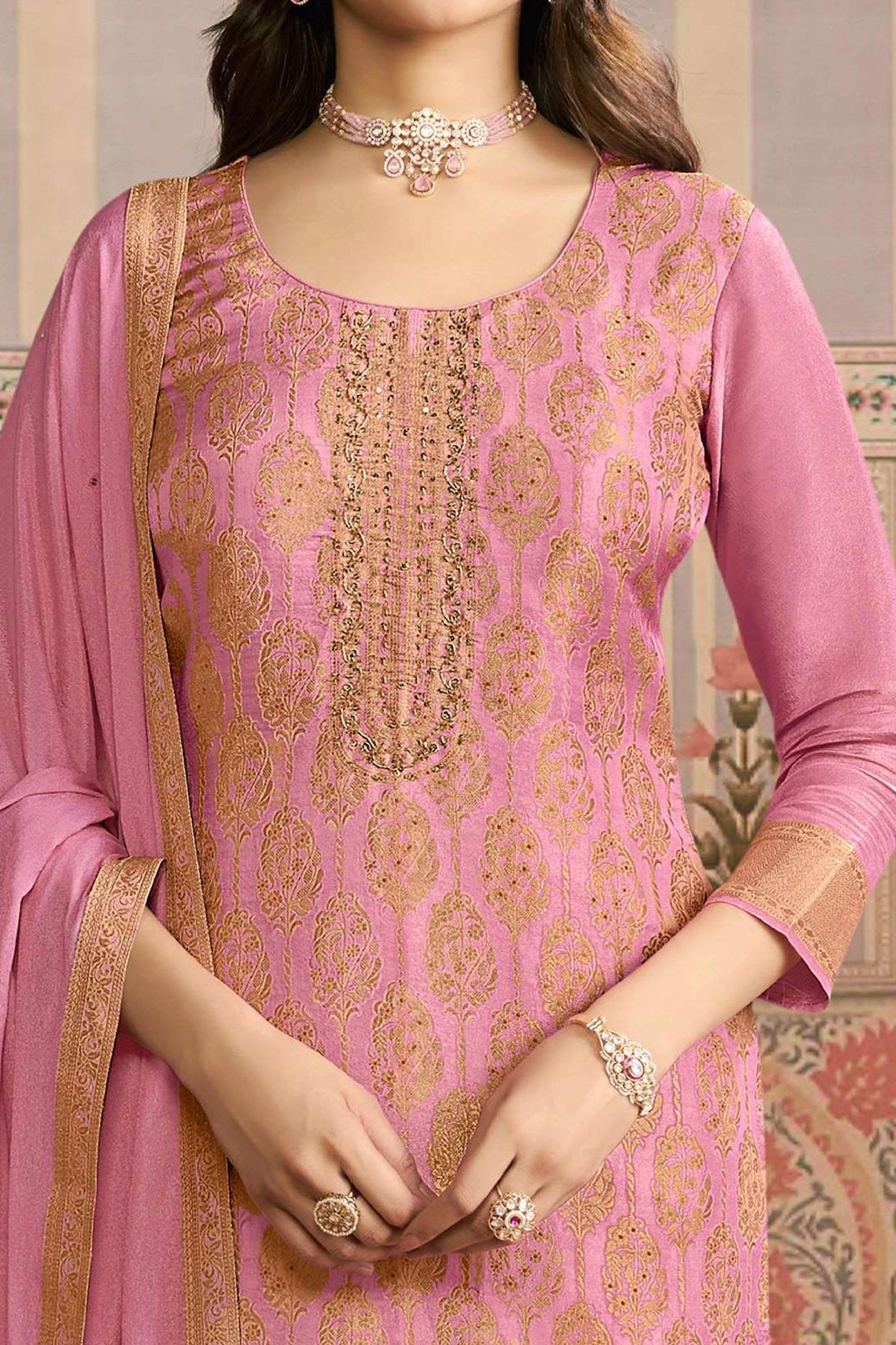 Pink Pakistani Embroidered Viscose Semi-Stitched Suit Material with Dupatta