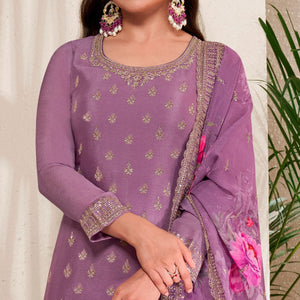 Purple Embroidered Chinon Semi Stitched Dress Material With Palazzo